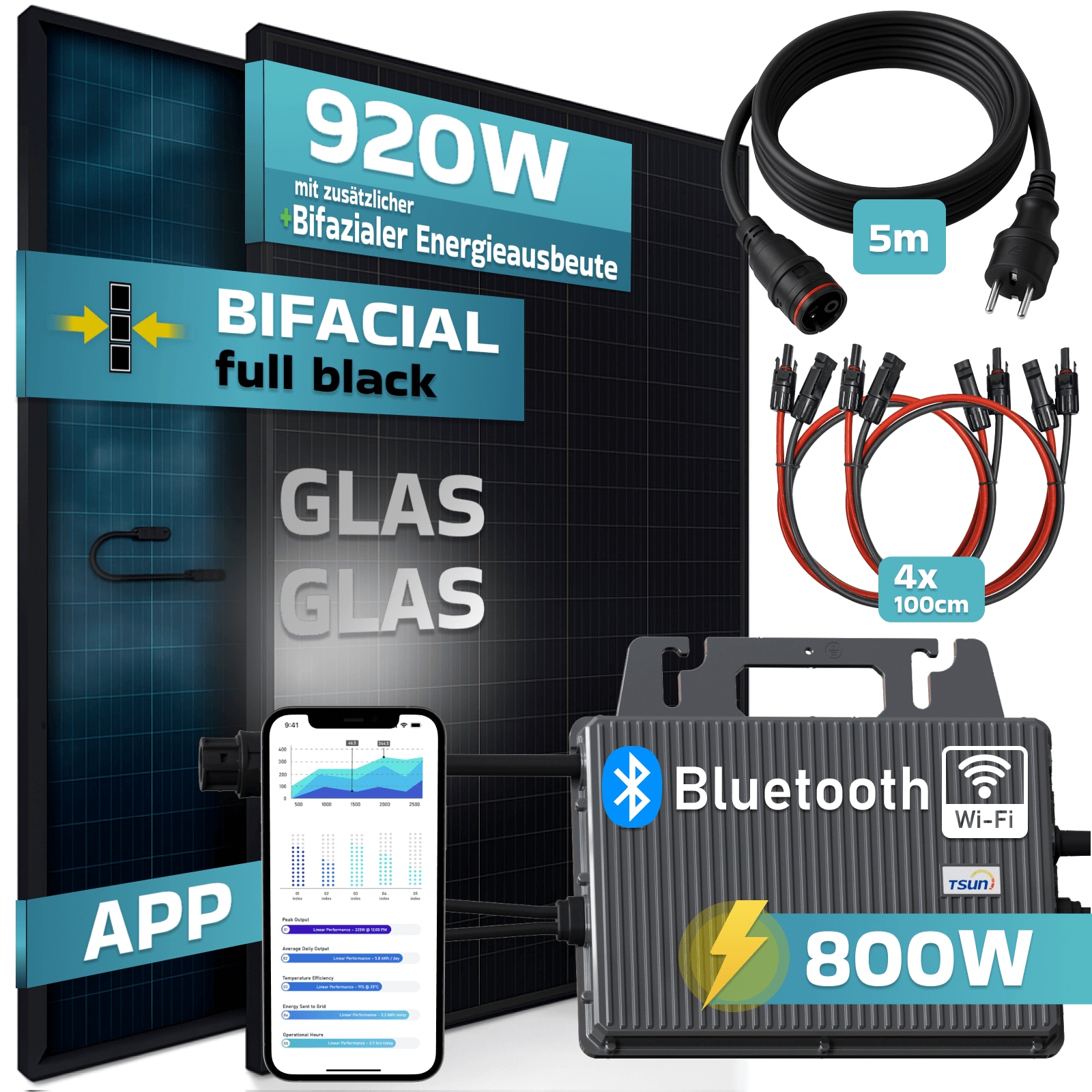 SUNNIVA&reg; 920W Balkonkraftwerk BIFAZIAL FULLBLACK komplett Steckdose TSUN 800W Wechselrichter, PV Solaranlage, 2x 460W Glas-Glas Solarmodule, inkl. 5m Kabel, Bluetooth WIFI, Komplettset - Bild 1
