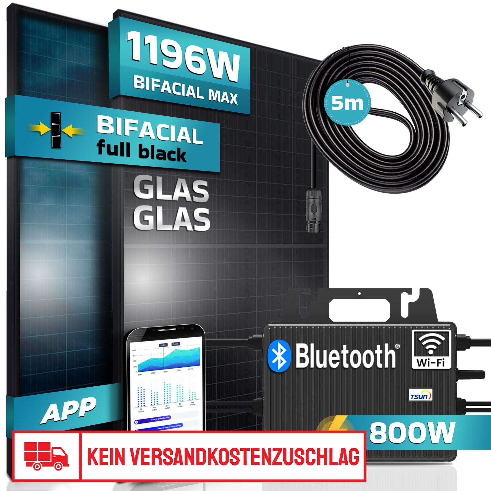 SUNNIVA® Balkonkraftwerk FULL BLACK BIFACIAL GLAS-GLAS 1196W/800W Solaranlage mit 800W TSUN Micro Wechselrichter Wifi Bluetooth, upgradebar drosselbar, 2x460W Solarmodule, 5m Kabel, Photovoltaikanlage | 04255656230028
