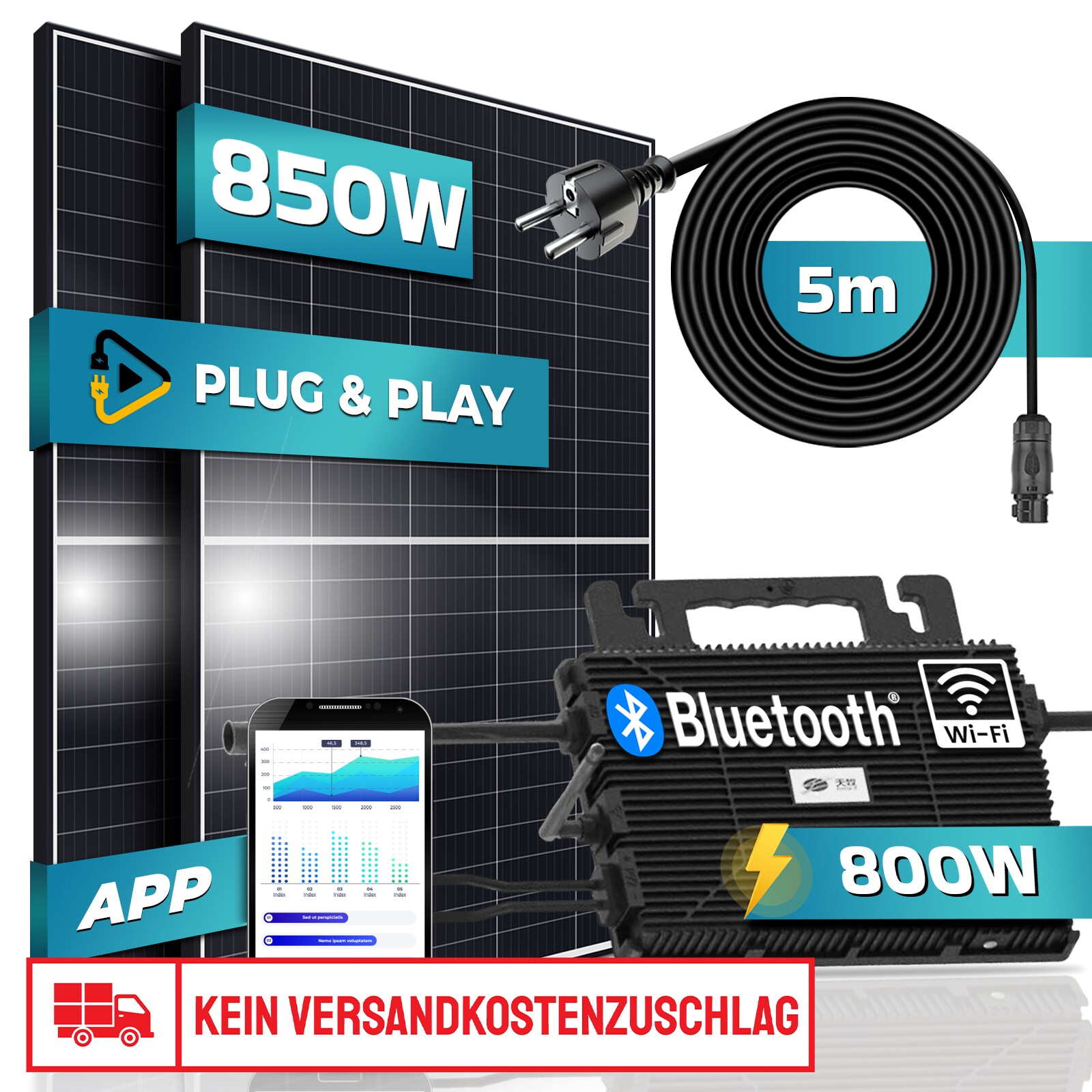 SUNNIVA® Balkonkraftwerk 850/800W Solaranlage mit 800W Astro-Energy Micro Wechselrichter mit Wifi Bluetooth, upgradebar drosselbar, 2x 425W Solarmodule, 5m Kabel, Solarkabel, Photovoltaikanlage | 04255656229282