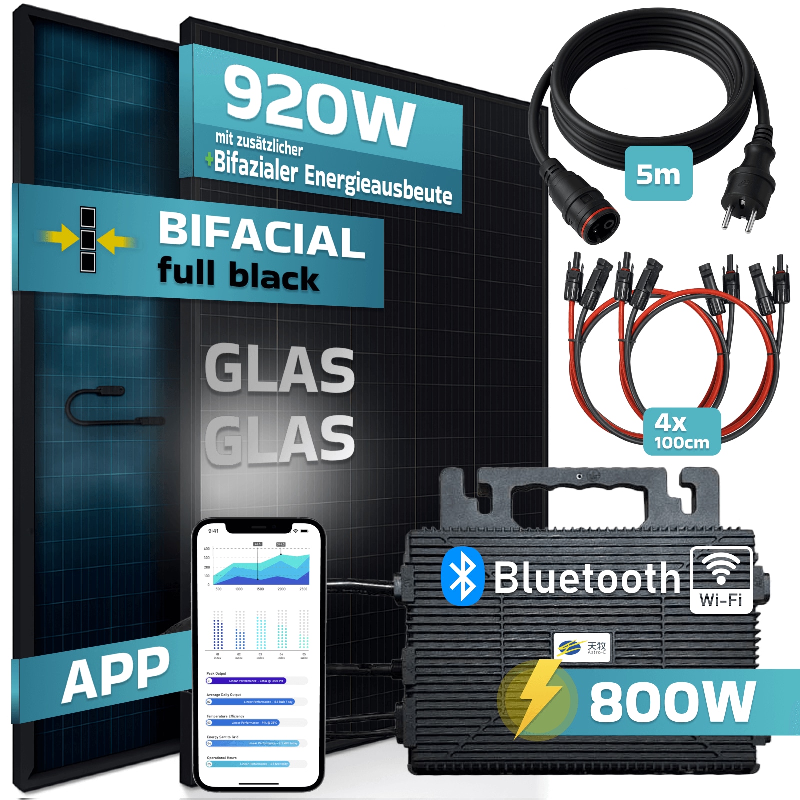 SUNNIVA&reg; 920W Balkonkraftwerk BIFAZIAL FULLBLACK komplett Steckdose ASTRO-E 800 Watt Wechselrichter, PV Solaranlage Komplettset, 2x 460W N-Type Glas-Glas Bifacial Solarmodule, 5m Kabel, 4x 1m Solarkabel - Bild 1