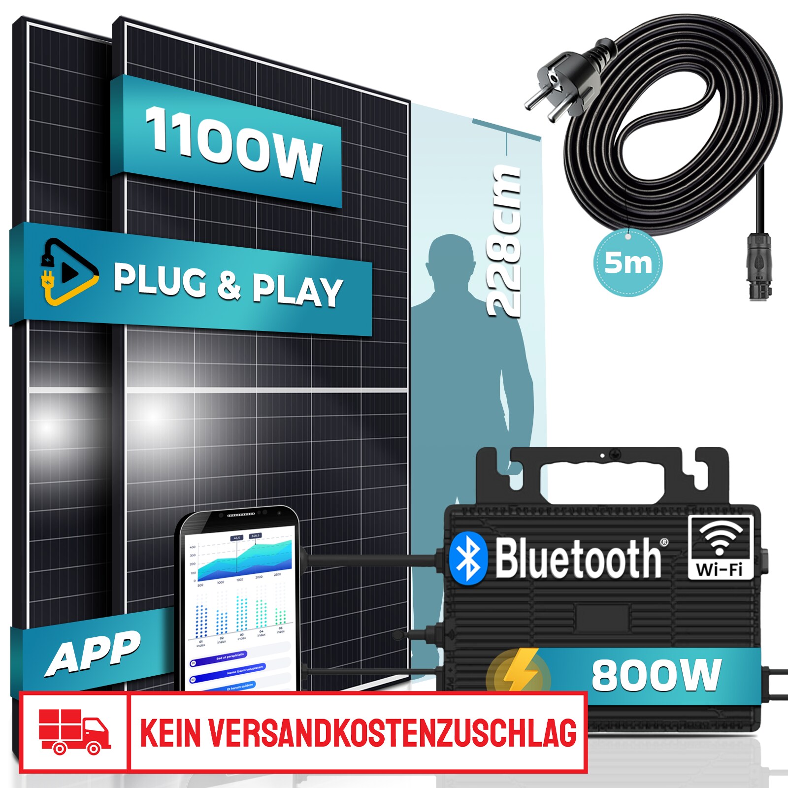 SUNNIVA&reg; Balkonkraftwerk 1100/800W Solaranlage mit 800W Astro-Energy Micro Wechselrichter mit Wifi Bluetooth, upgradebar drosselbar, 2x 550W Solarmodule, 5m Kabel, Solarkabel, Photovoltaikanlage - Bild 1