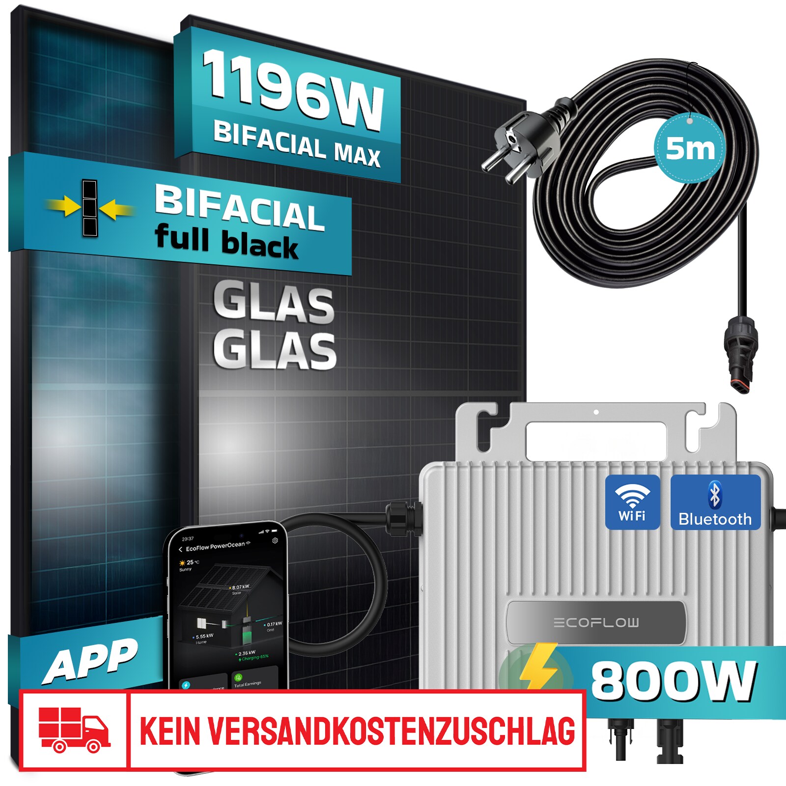 SUNNIVA® Balkonkraftwerk BIFACIAL 1196W / 800W Solaranlage mit 800W Ecoflow Micro Wechselrichter Wifi Bluetooth, upgradebar drosselbar, 2x430W Bifaziale Solarmodule, 5m Kabel, Photovoltaikanlage, PV | 04255656229602