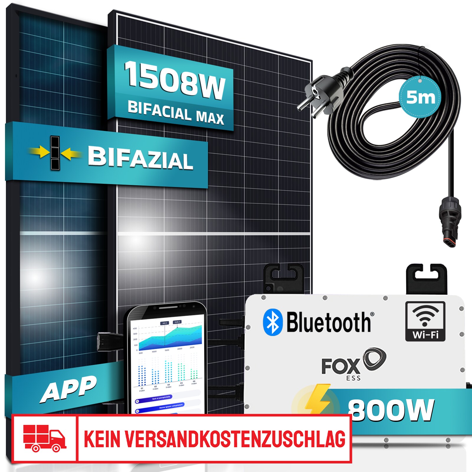 SUNNIVA&reg; Balkonkraftwerk BIFACIAL Black Frame 1508W/800W Solaranlage mit 800W Fox ESS Micro Wechselrichter Wifi Bluetooth, upgradebar drosselbar, 2x580W Solarmodule, 5m Kabel, Photovoltaikanlage - Bild 1