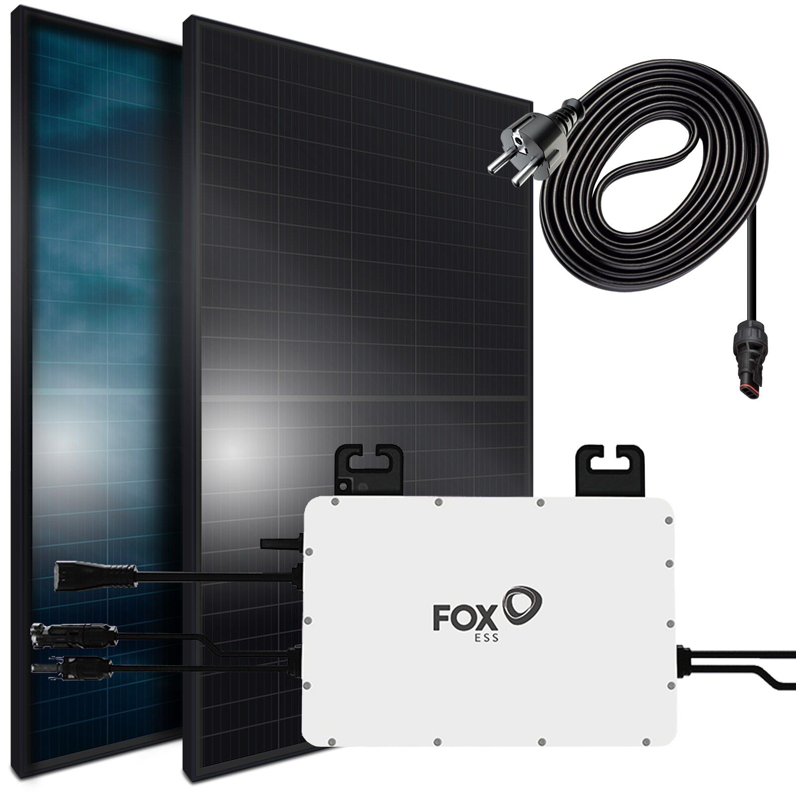 SUNNIVA® 880W Balkonkraftwerk 800W komplett Steckdose, FOX ESS 800W Wechselrichter, PV Solaranlage Komplettset, 2x 440W BIFAZIAL, BLACK Frame, Single Glas Solarmodule, inkl. 5m Kabel – Bluetooth | 04255656221149