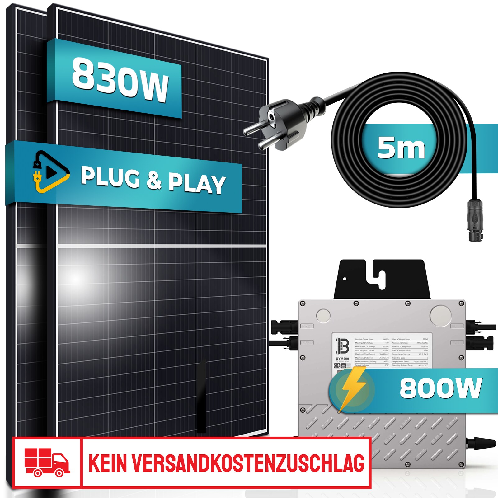 SUNNIVA&reg; Balkonkraftwerk 830/800W Solaranlage, mit Beny Micro Wechselrichter, 5m Anschlusskabel, upgradebar drosselbar - Bild 1