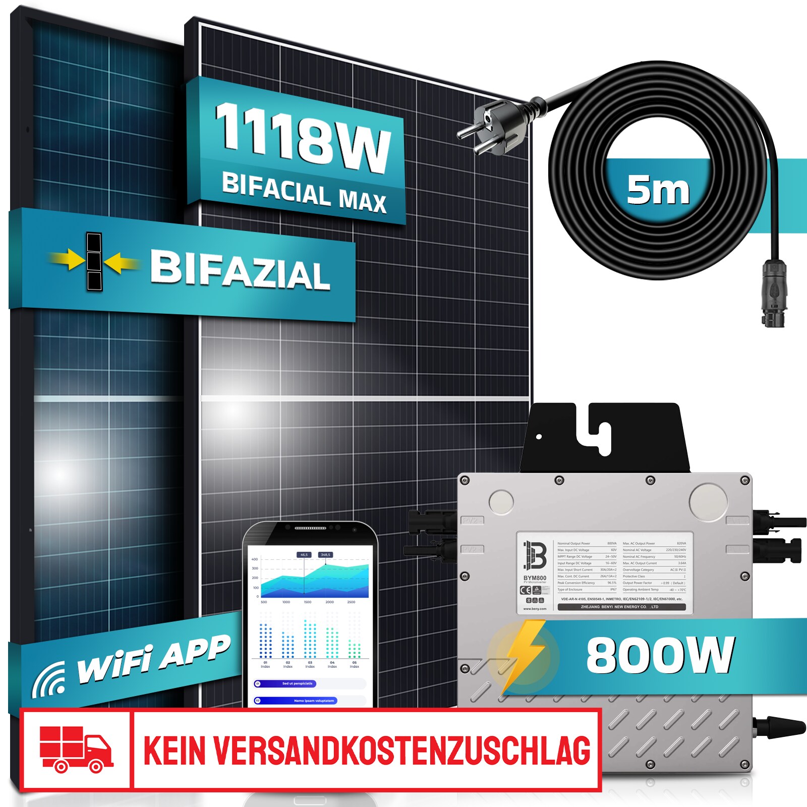 SUNNIVA&reg; Balkonkraftwerk BIFACIAL 1118W / 800W Solaranlage mit 800W Beny Micro Wechselrichter, upgradebar drosselbar, 2x430W Bifaziale Solarmodule, 5m Kabel, Photovoltaikanlage, PV - Bild 1