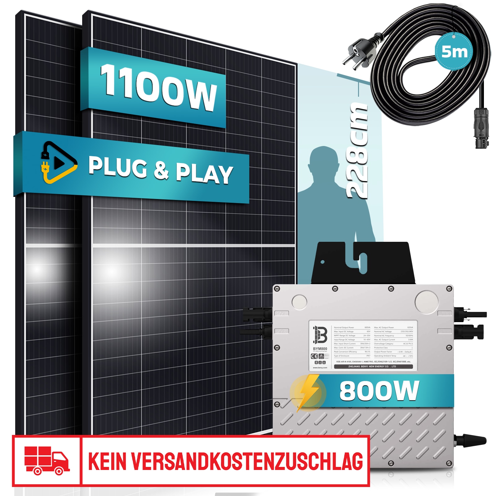 SUNNIVA&reg; Balkonkraftwerk 1100/800W Solaranlage mit 800W Beny Micro Wechselrichter, upgradebar drosselbar, 2 x 550W Solarmodule, 5m Anschlusskabel, Solarkabel, Photovoltaikanlage, PV, genehmigungsfrei - Bild 1