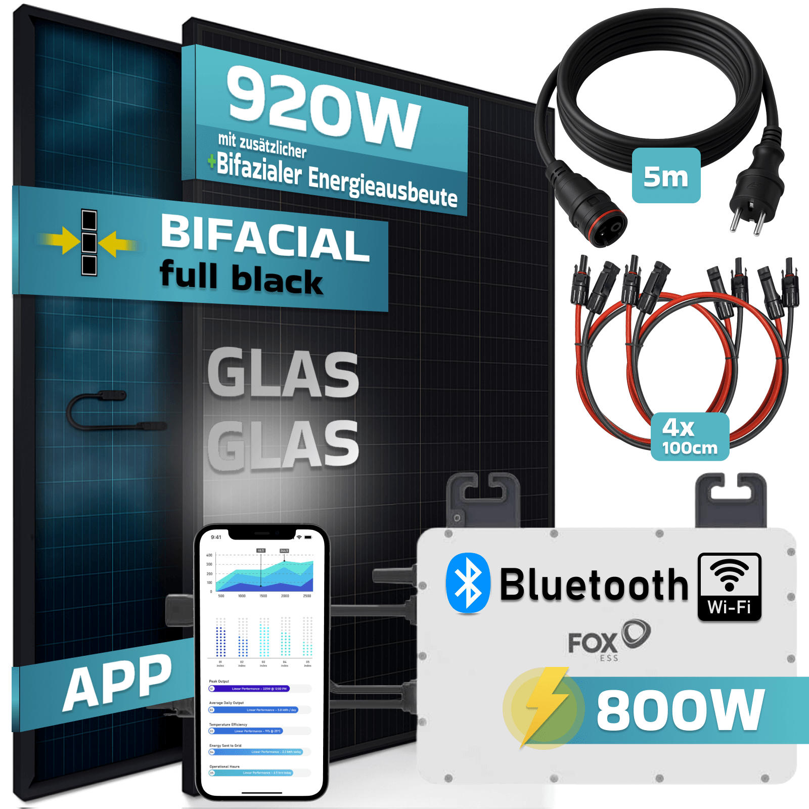 SUNNIVA&reg; 920W Balkonkraftwerk BIFAZIAL FULLBLACK komplett Steckdose FOX ESS 800 Watt Wechselrichter, PV Solaranlage Komplettset, 2x 460W N-Type Glas-Glas Bifacial Solarmodule, 5m Kabel & 4x 1m Solarkabel - Bild 1