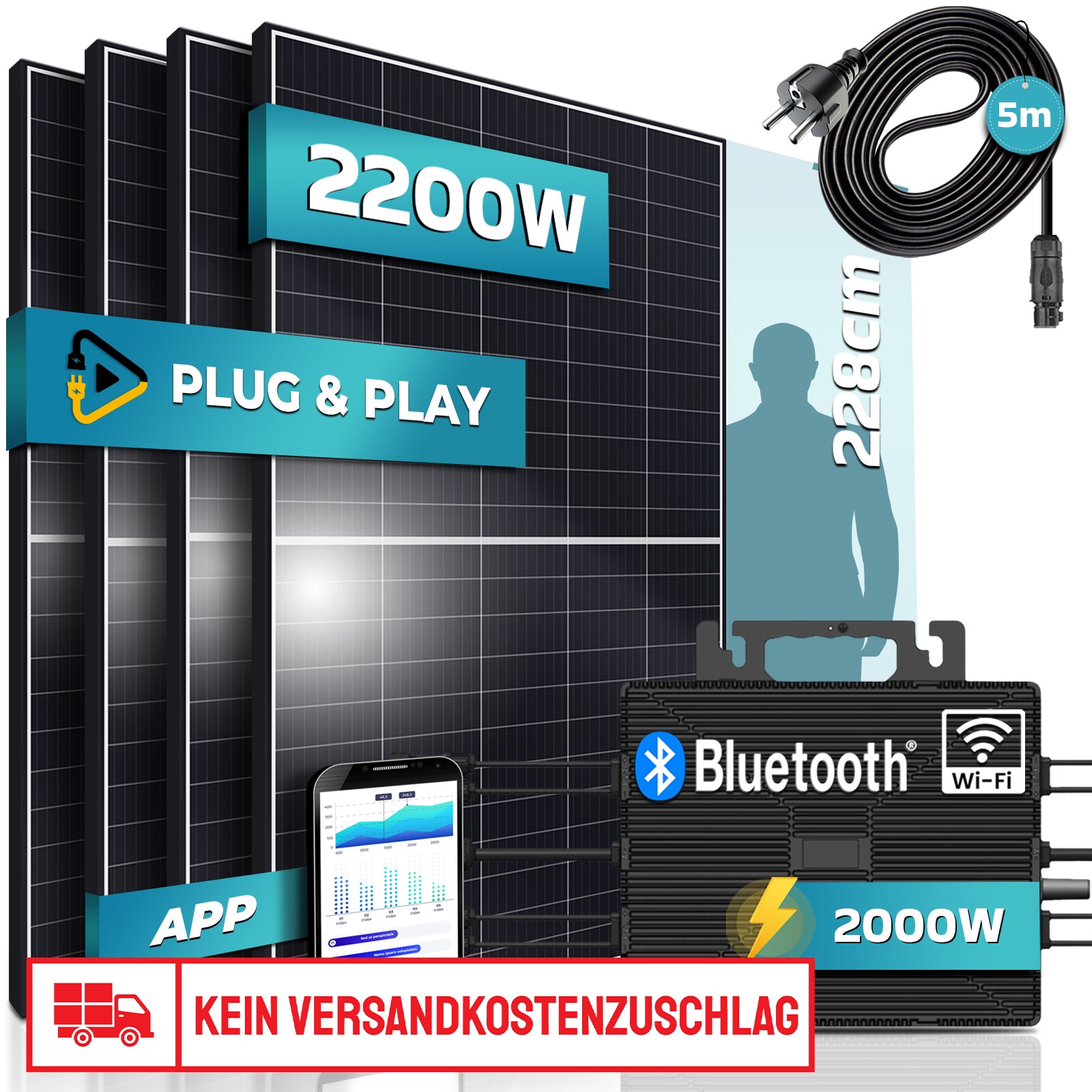 SUNNIVA&reg; Balkonkraftwerk 2200/2000W Solaranlage mit 2000W Astro-Energy Micro Wechselrichter WIFI & Bluetooth, upgradebar drosselbar, 4x 550W Solarmodule, 5m Anschlusskabel, Photovoltaikanlage, PV - Bild 1