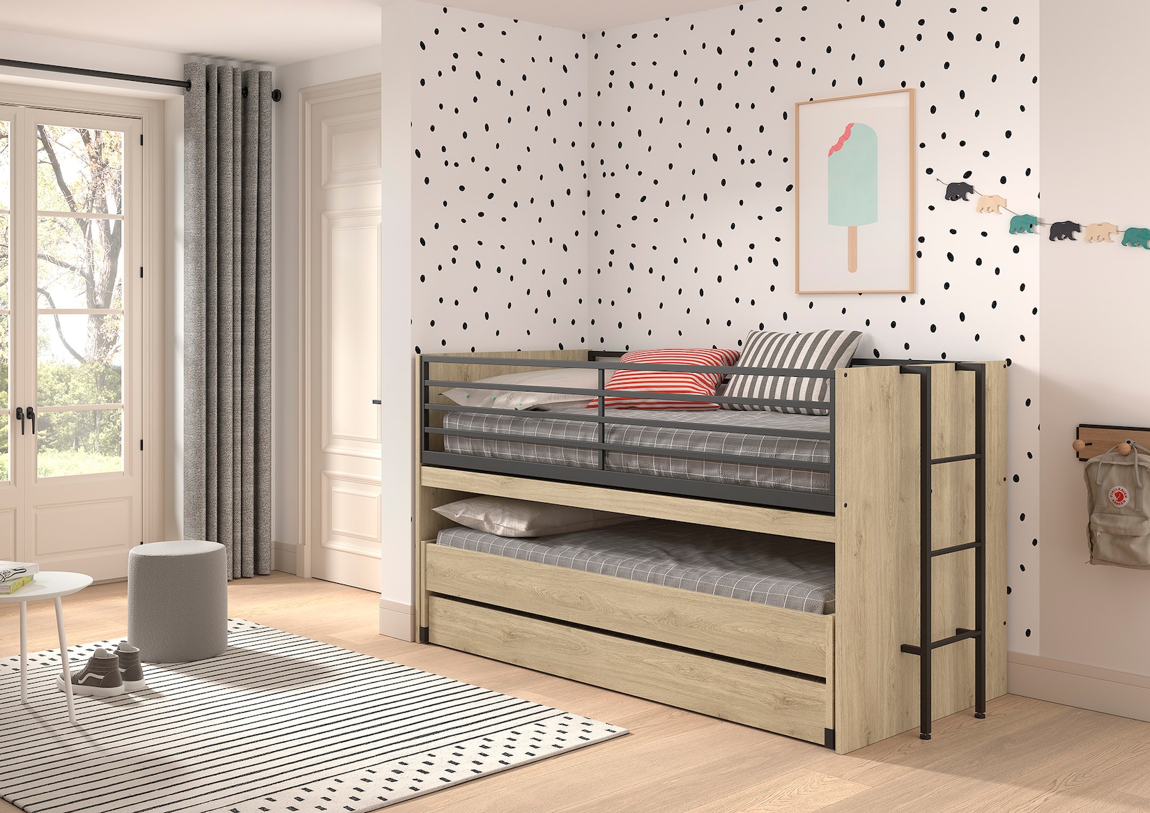 SAM halbhohes Bett mit viel Funktion, 2 Liegeflächen 90 x 200 cm und Bettschublade, Ausf. Eiche Melamin Dekor