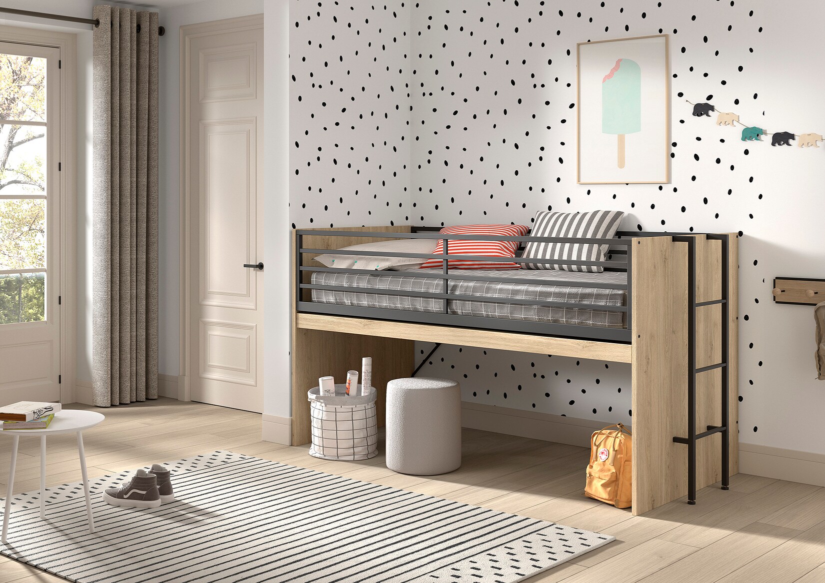 SAM halbhohes Bett mit ausziehbarem Schreibtisch, Liegeflächen 90 x 200 cm, Ausf. Eiche Melamin Dekor | 05420070243346