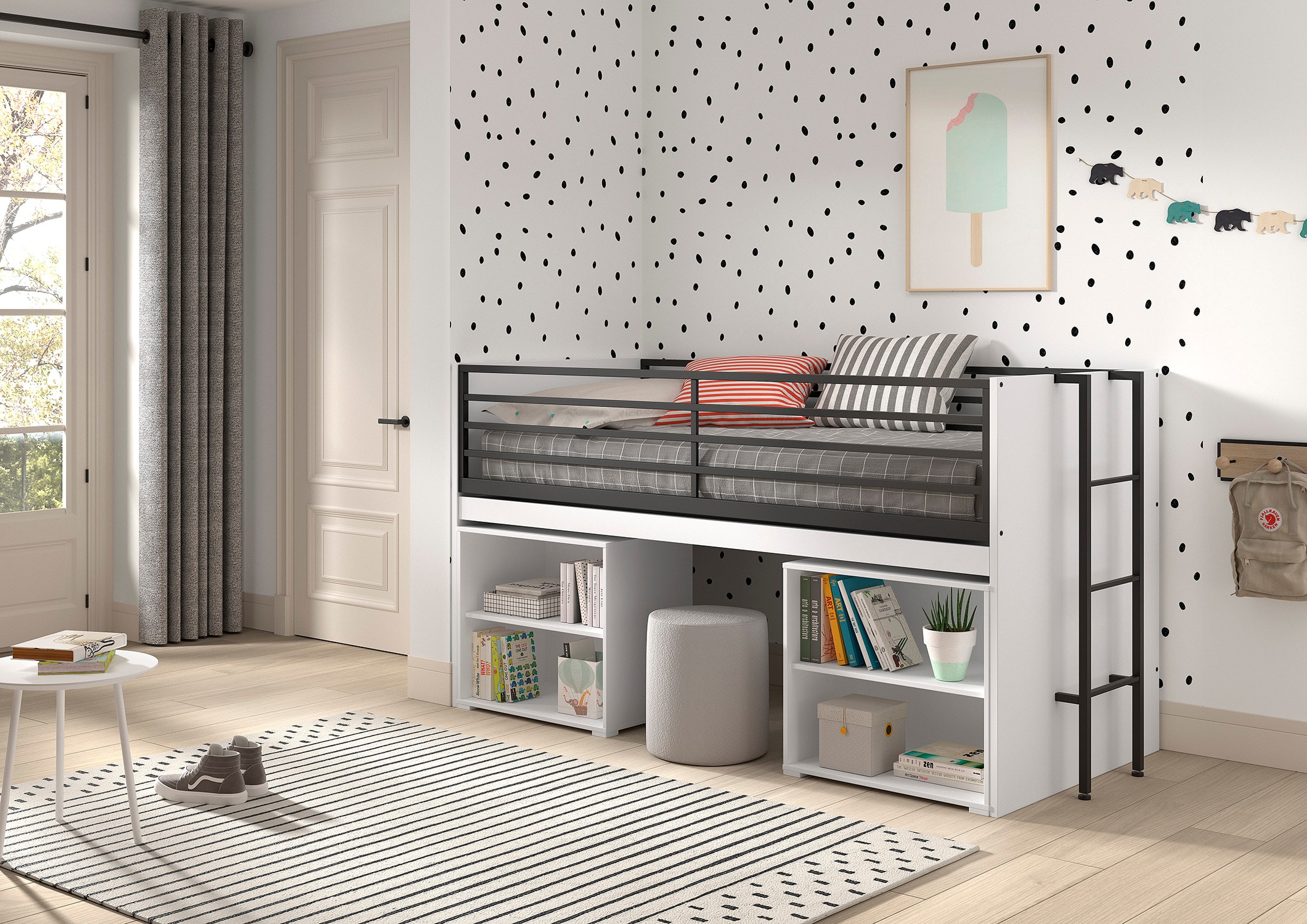 SAM halbhohes Bett mit ausziehbarem Schreibtisch, 2 Regalen, Liegefl&auml;che 90 x 200 cm, Ausf. Wei&szlig; Melamin Dekor - Bild 1