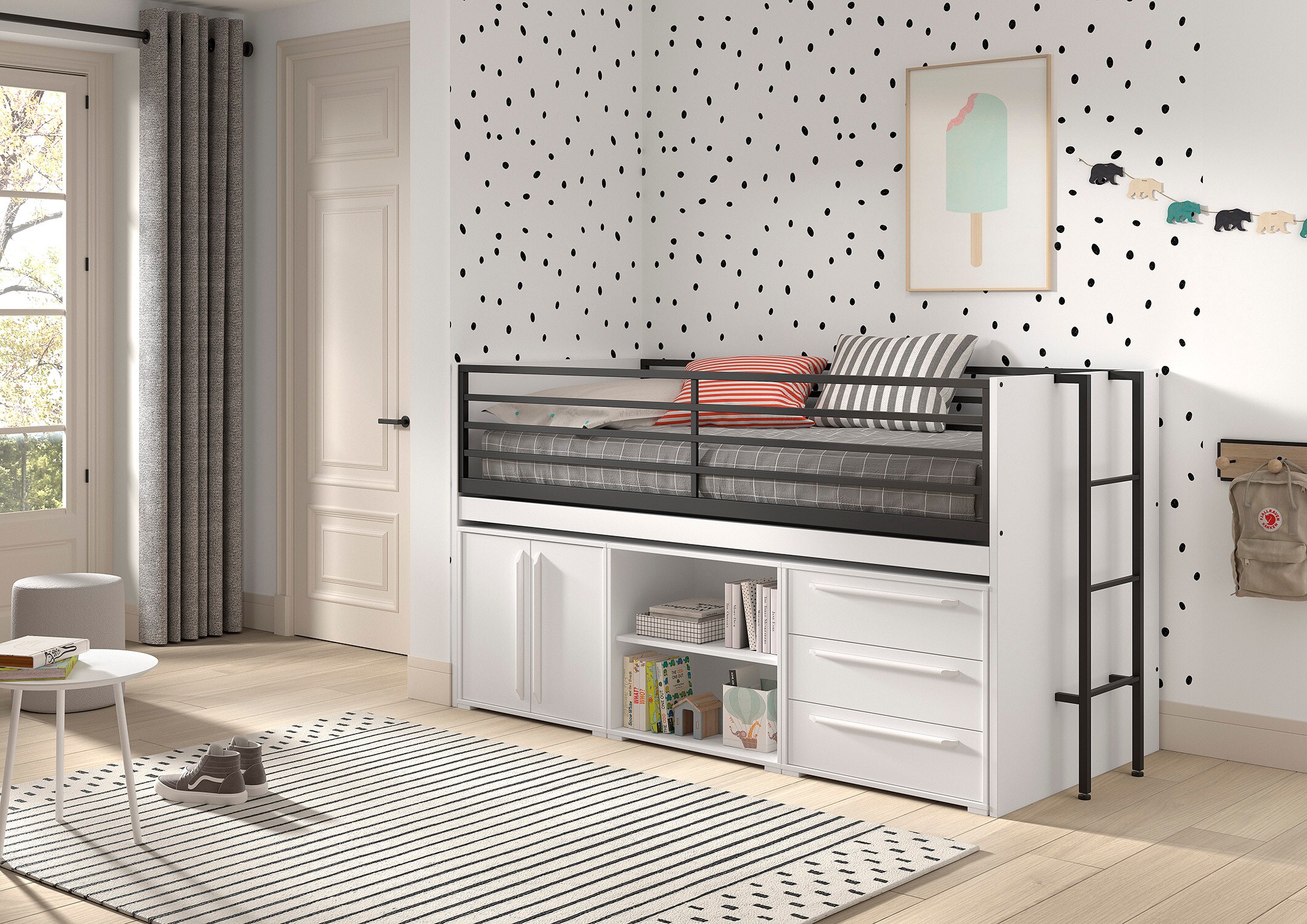 SAM halbhohes Bett mit ausziehbarem Schreibtisch, Regal, Kommode 2-trg., Kommode mit 3 Schubladen, Liegefl&auml;chen 90 x 200 cm, Ausf. Wei&szlig; Melamin Dekor - Bild 1