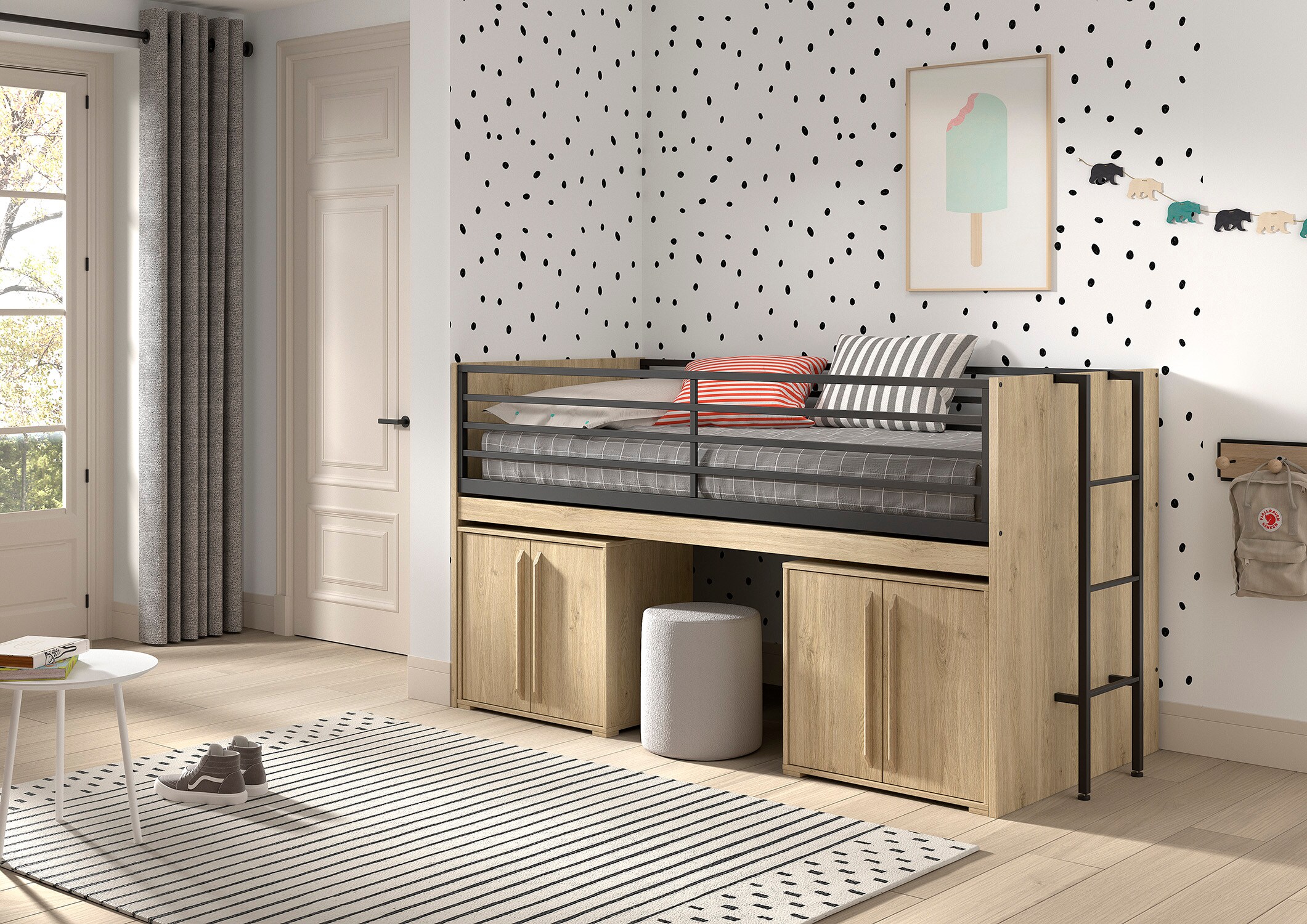 SAM halbhohes Bett mit ausziehbarem Schreibtisch, 2 Kommoden 2-trg., Liegefl&auml;che 90 x 200 cm, Ausf. Eiche Melamin Dekor - Bild 1