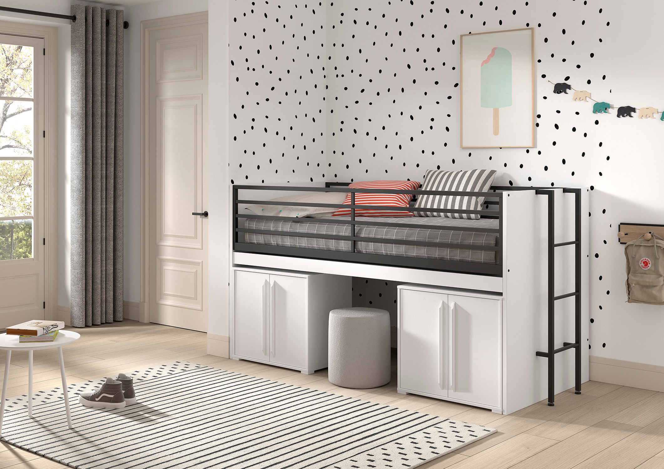 SAM halbhohes Bett mit ausziehbarem Schreibtisch, 2 Kommoden 2-trg., Liegefl&auml;che 90 x 200 cm, Ausf. Wei&szlig; Melamin Dekor - Bild 1