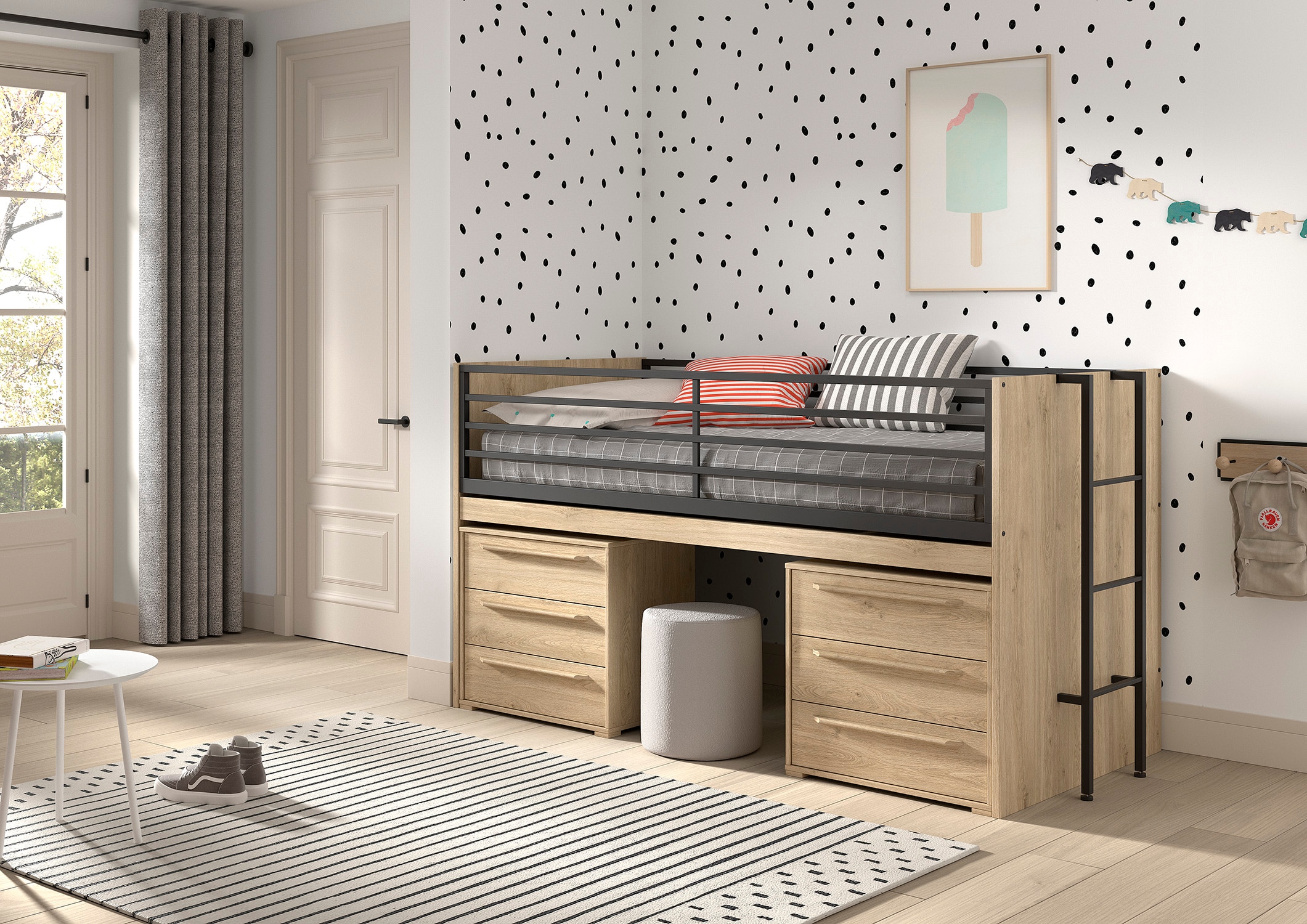 SAM halbhohes Bett mit ausziehbarem Schreibtisch, 2 Kommoden mit 3 Schubladen, Liegefl&auml;chen 90 x 200 cm, Ausf. Eiche Melamin Dekor - Bild 1