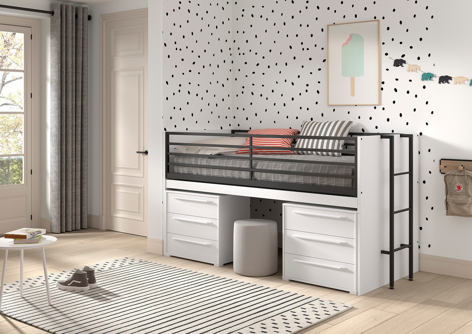 SAM halbhohes Bett mit ausziehbarem Schreibtisch, 2 Kommoden mit 3 Schubladen, Liegeflächen 90 x 200 cm, Ausf. Weiß Melamin Dekor | 05420070245814