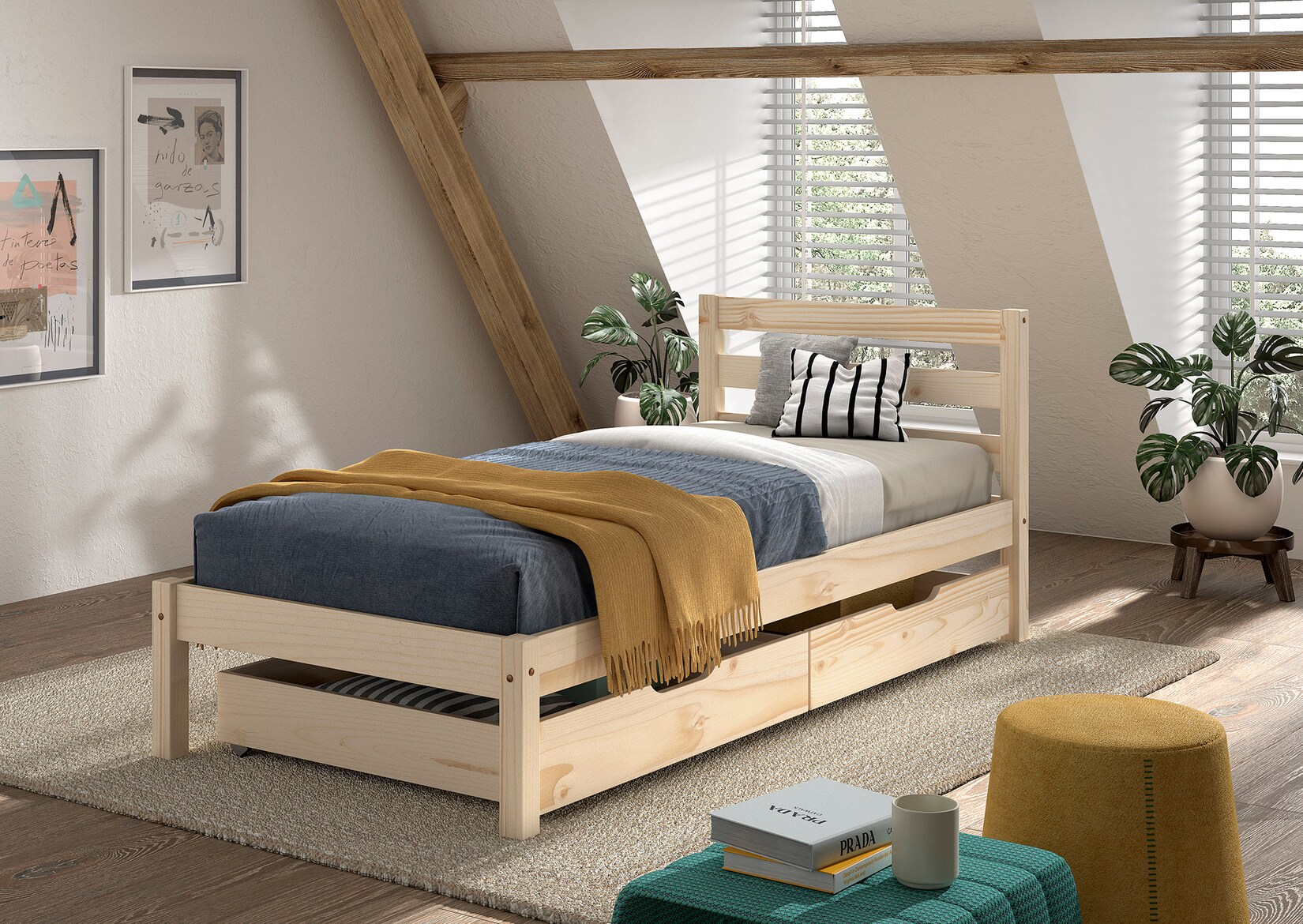 Einzelbett Pino 90x200 cm, mit Lattenrost, inkl. 2 Schubladen, natur lackiert