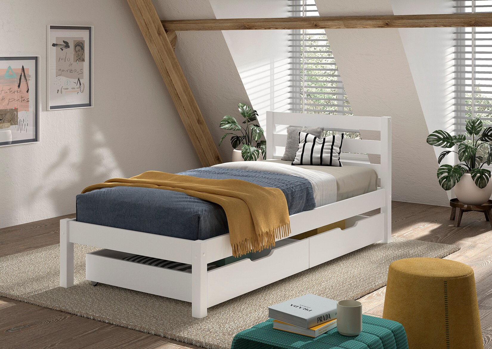 Einzelbett Pino 90x200 cm, mit Lattenrost, inkl. 2 Schubladen, weiß lackiert