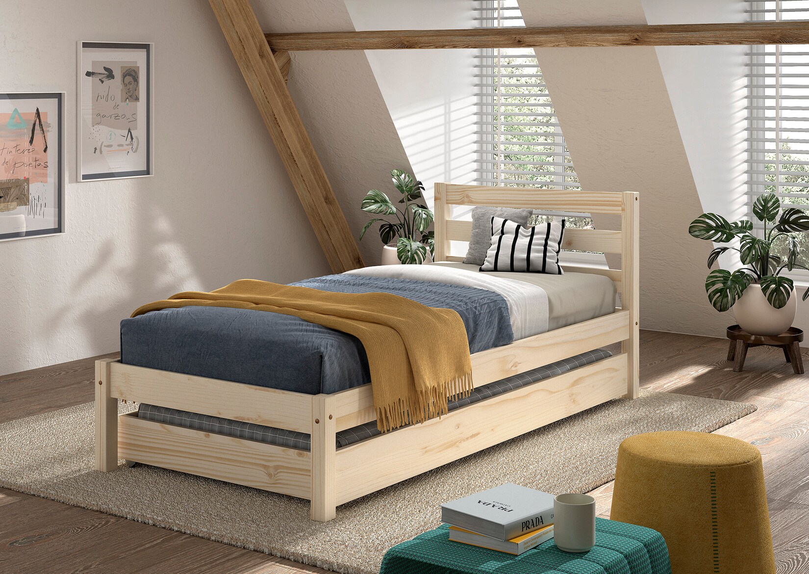 Einzelbett Pino 90x200 cm, mit Lattenrost, inkl. Bettschublade, natur lackiert