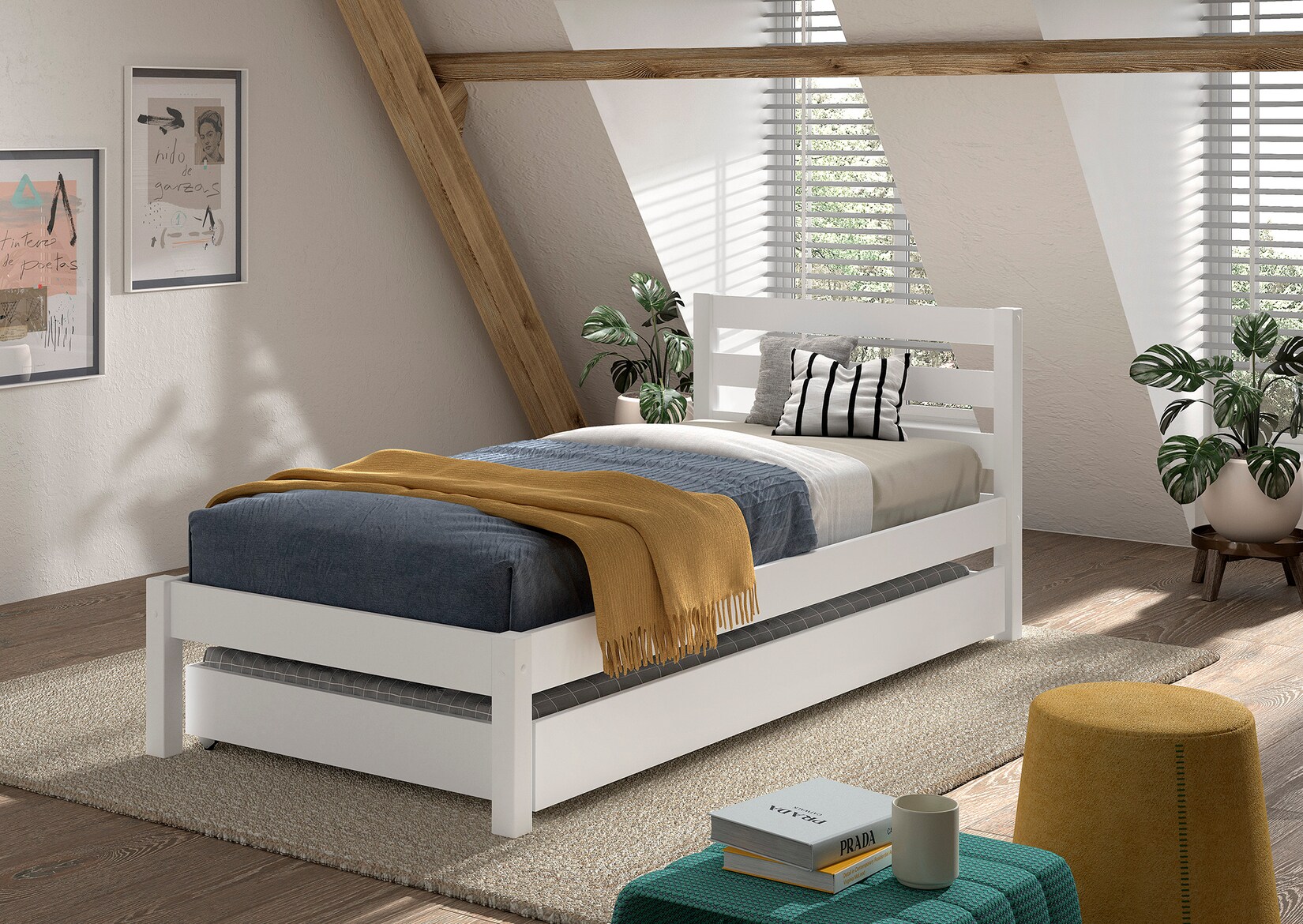 Einzelbett Pino 90x200 cm, mit Lattenrost, inkl. Bettschublade, weiß lackiert