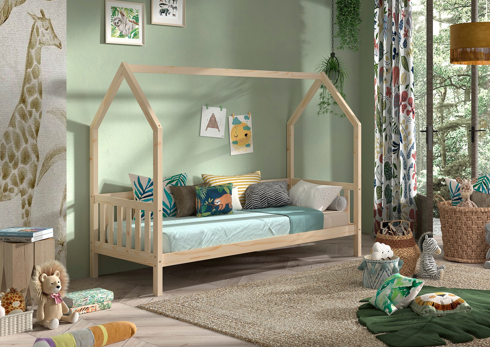 CABANE Hausbett 90x200 cm und seitlicher Umrandung, Kiefer massiv natur