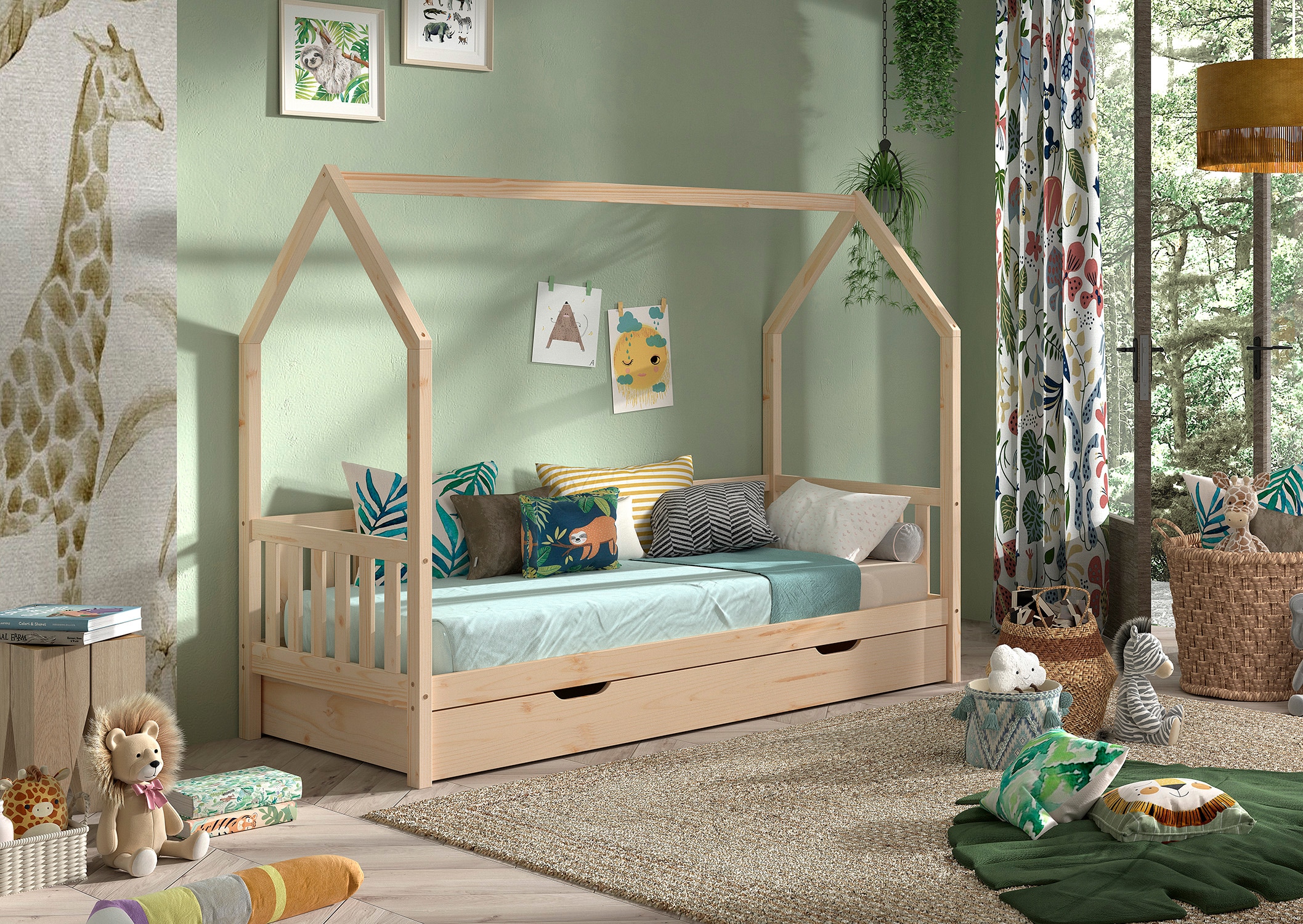 CABANE Hausbett 90x200 cm, seitlicher Umrandung, Bettschublade, Kiefer massiv natur - Bild 1