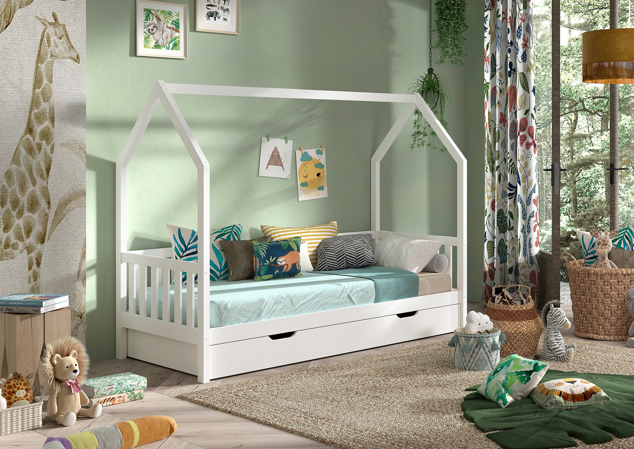 CABANE Hausbett 90x200 cm, seitlicher Umrandung, Bettschublade, Kiefer massiv wei&szlig; - Bild 1