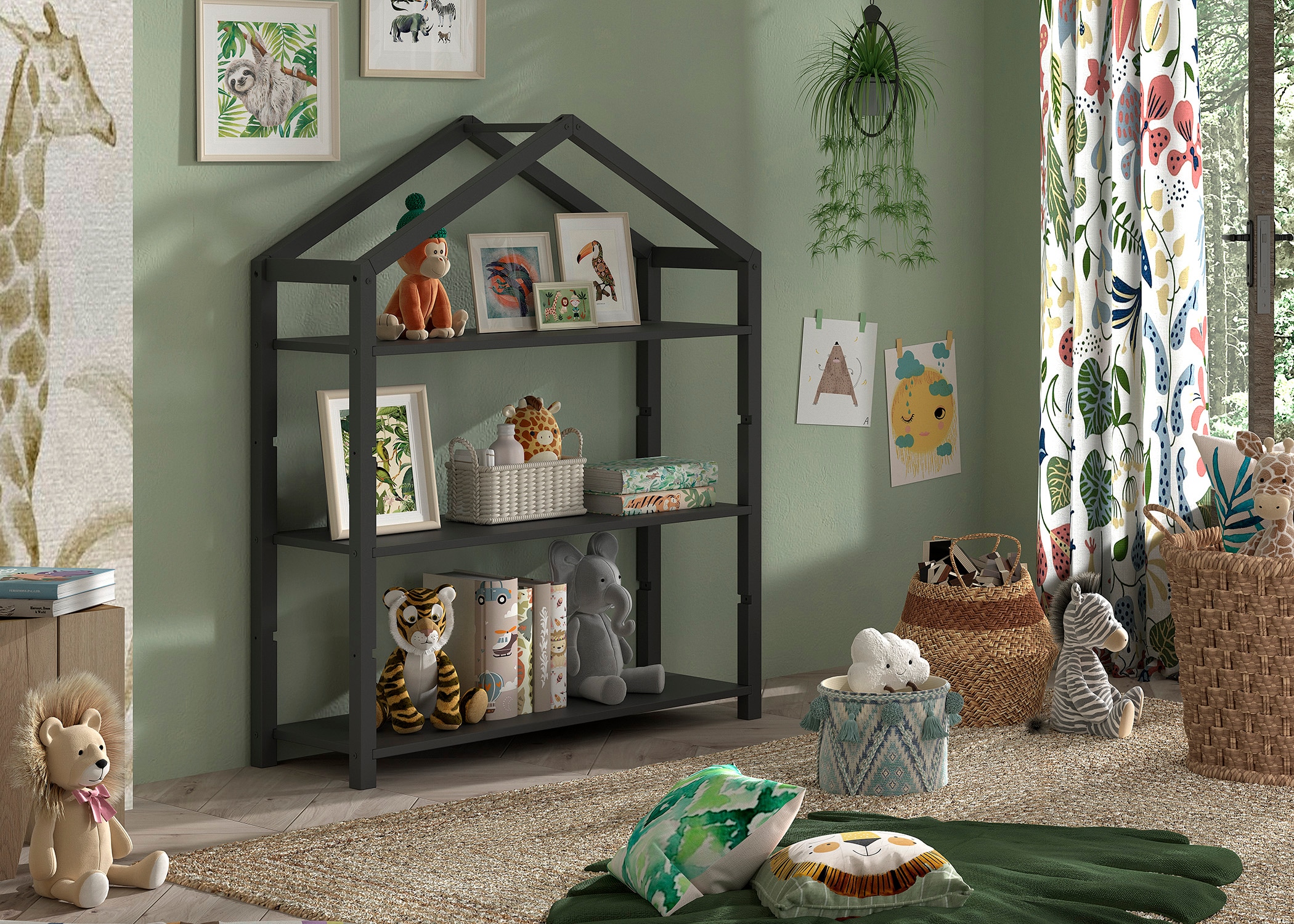 DALLAS Regal inkl. 3 B&ouml;den, mit Giebel-Optik, Ausf. Kiefer massiv anthrazit - Bild 1