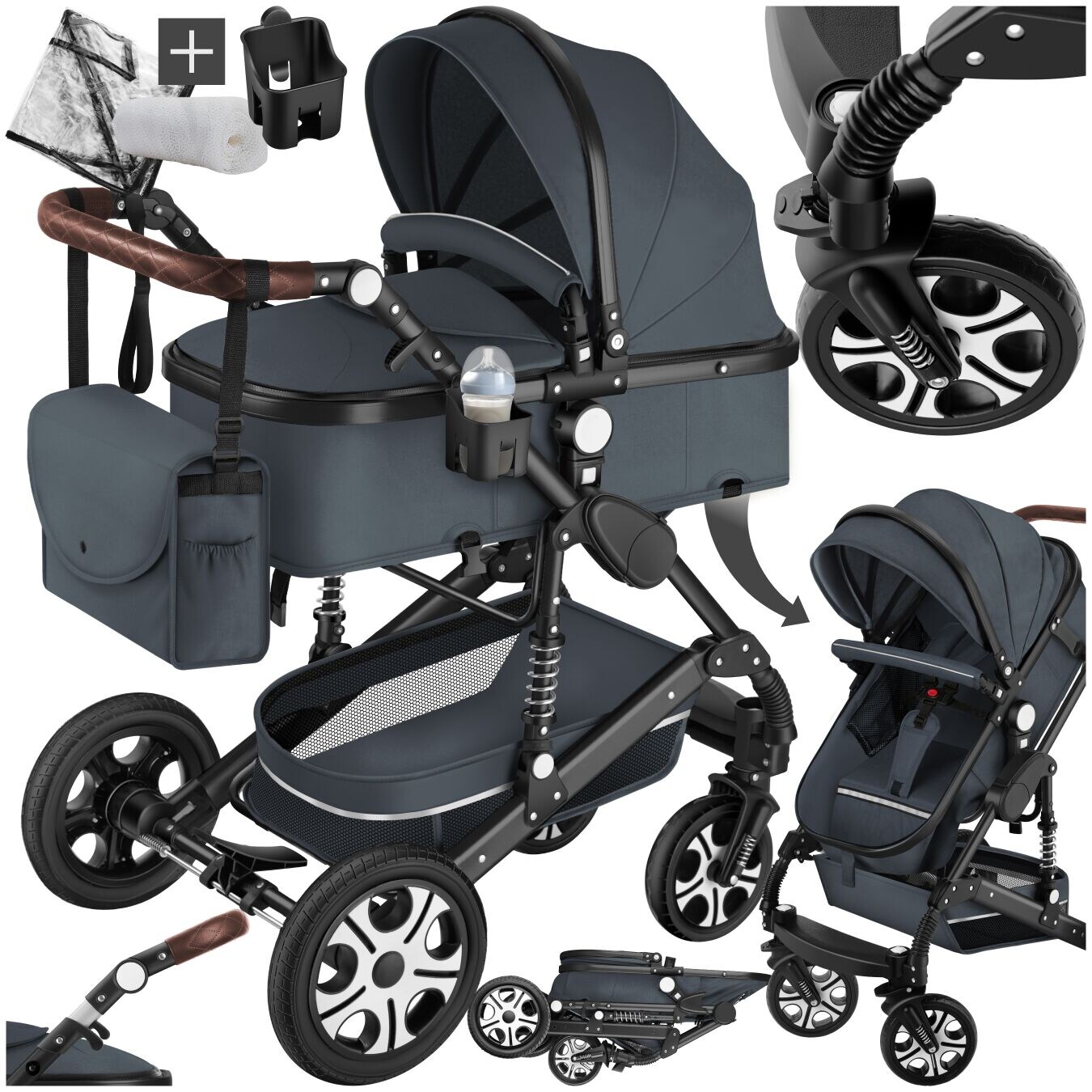 tectake® Kombi-Kinderwagen, 2 in 1, klappbar, mit 5-Punkt-Gurt, Bremse, Schutzbügel und Handschlaufe, pulverbeschichteter Aluminiumrahmen, pflegeleichter Stoffbezug, für 0 bis 36 Monate geeignet, Belastbarkeit 15 kg | 04061173262264