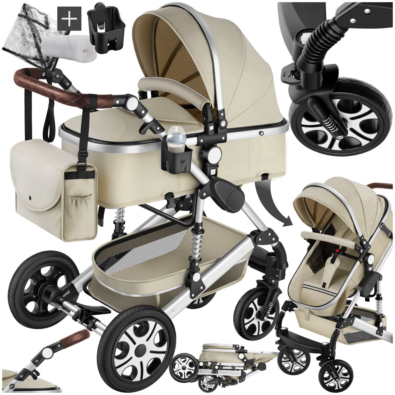 tectake® Kombi-Kinderwagen, 2 in 1, klappbar, mit 5-Punkt-Gurt, Bremse, Schutzbügel und Handschlaufe, pulverbeschichteter Aluminiumrahmen, pflegeleichter Stoffbezug, für 0 bis 36 Monate geeignet, Belastbarkeit 15 kg