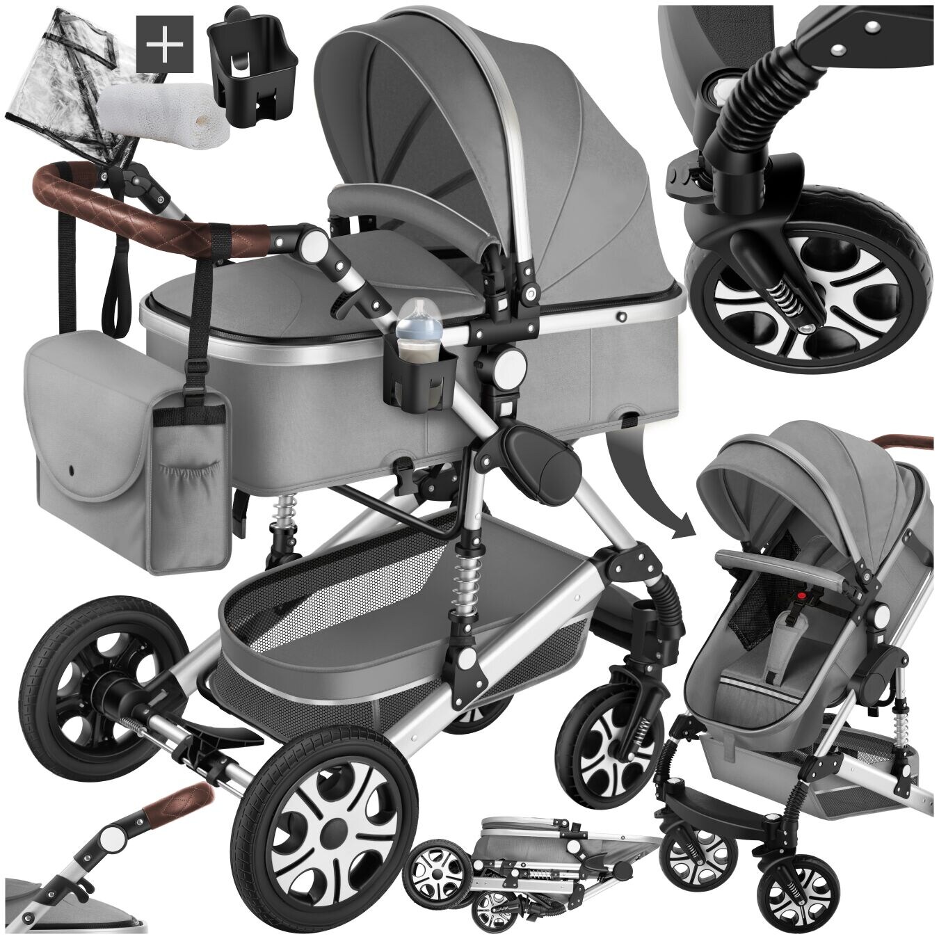 tectake® Kombi-Kinderwagen, 2 in 1, klappbar, mit 5-Punkt-Gurt, Bremse, Schutzbügel und Handschlaufe, pulverbeschichteter Aluminiumrahmen, pflegeleichter Stoffbezug, für 0 bis 36 Monate geeignet, Belastbarkeit 15 kg
