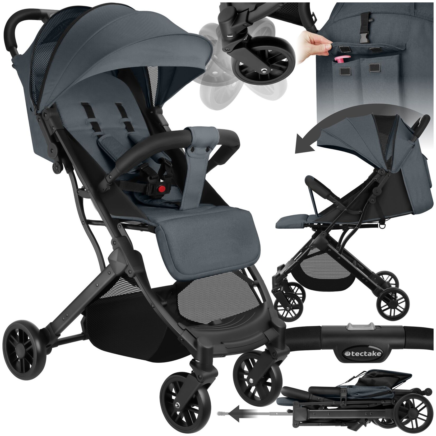 tectake® Buggy-Kinderwagen, Einhand-Klappmechanismus, mit 5-Punkt-Gurt, Feststellbremse, Schutzbügel, pulverbeschichtetes Stahlgestell und pflegeleichter Stoffbezug, für 0 bis 36 Monate geeignet, Belastbarkeit 15 kg