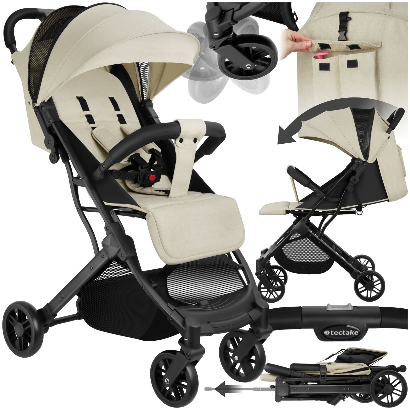 tectake® Buggy-Kinderwagen, Einhand-Klappmechanismus, mit 5-Punkt-Gurt, Feststellbremse, Schutzbügel, pulverbeschichtetes Stahlgestell und pflegeleichter Stoffbezug, für 0 bis 36 Monate geeignet, Belastbarkeit 15 kg | 04061173262301