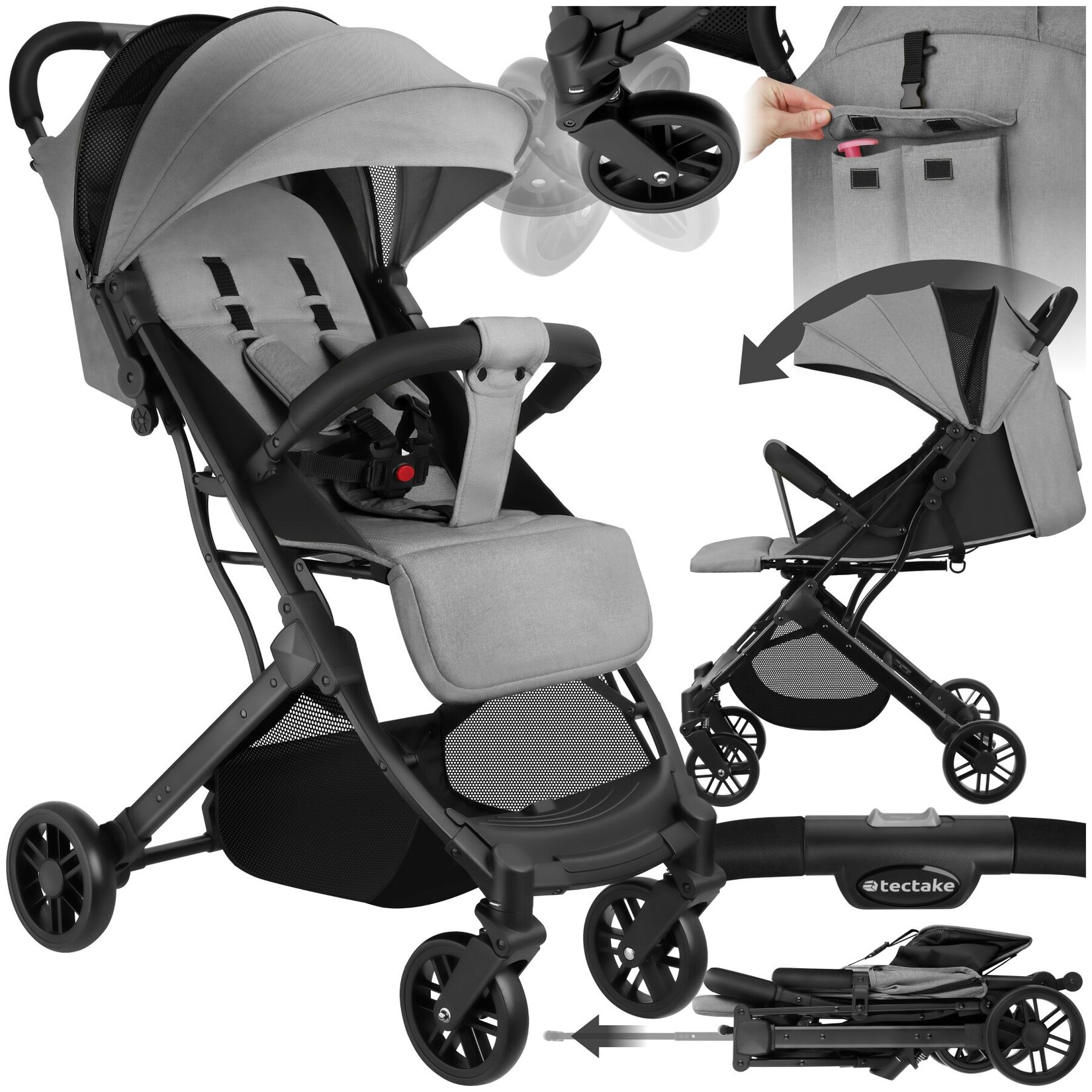 tectake® Buggy-Kinderwagen, Einhand-Klappmechanismus, mit 5-Punkt-Gurt, Feststellbremse, Schutzbügel, pulverbeschichtetes Stahlgestell und pflegeleichter Stoffbezug, für 0 bis 36 Monate geeignet, Belastbarkeit 15 kg