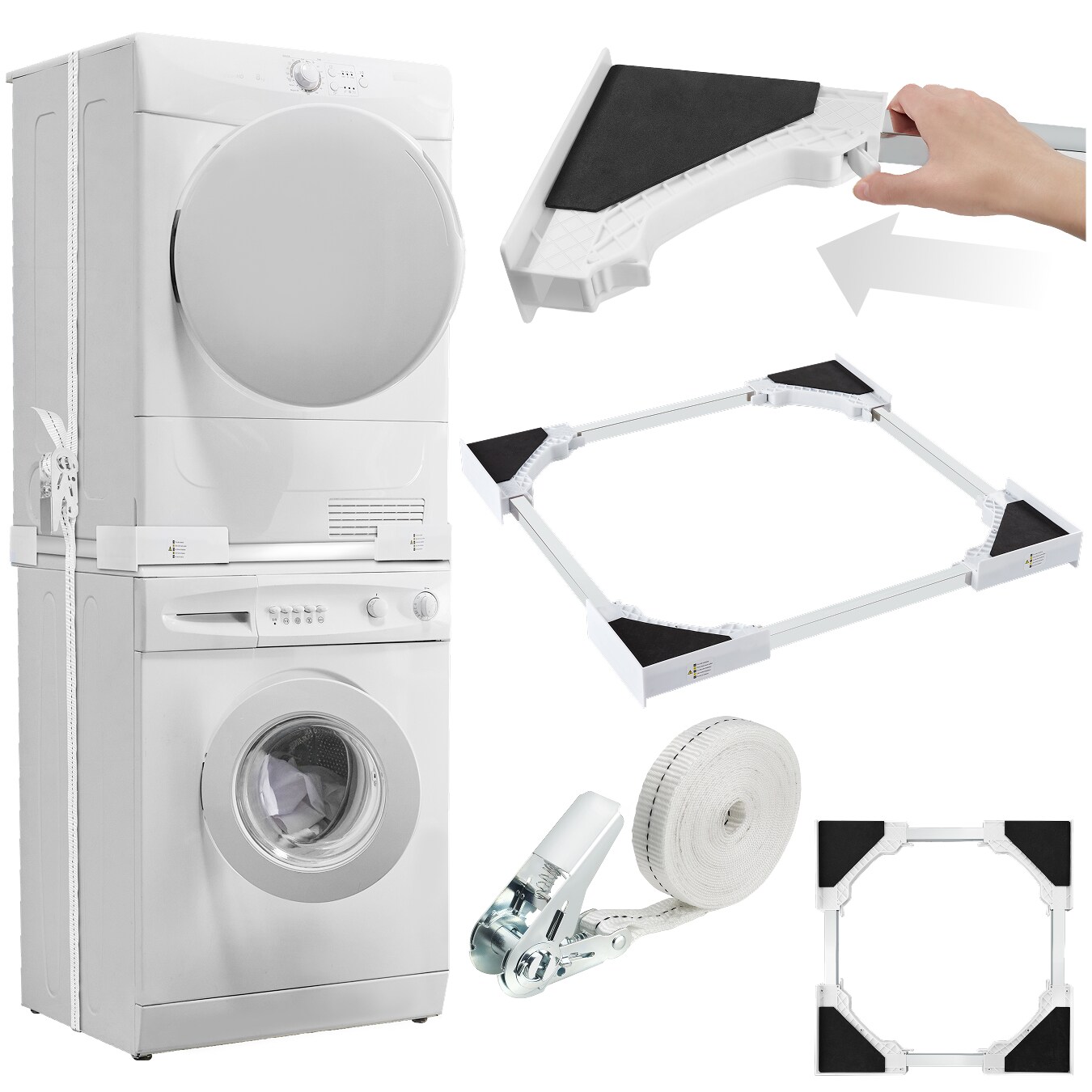 tectake® Verbindungsrahmen, für Waschmaschinen und Wäschetrockner, langlebiger Kunststoff und rostfreier Edelstahl, 46 – 66 x 46 – 66 x 7 cm, inklusive Ratschenseil | 04061173268907