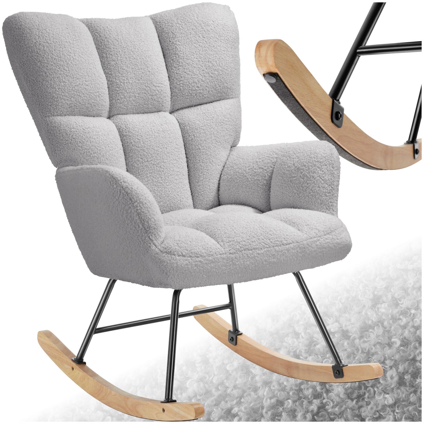 tectake® Schaukelstuhl, gepolstert mit Bouclé-Bezug, gesteppt, stabiles Stahlgestell, 68 x 96 x 97 cm, Belastbarkeit 120 kg