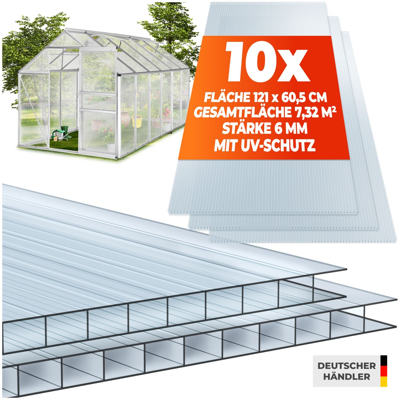 tectake&reg; 10er Set Doppelstegplatten, 7,32 m&sup2; Gesamtfl&auml;che, individuell zuschneidbar, w&auml;rmed&auml;mmend, temperaturresistent, 121 x 60,5 x 0,6 cm je Platte - Bild 1
