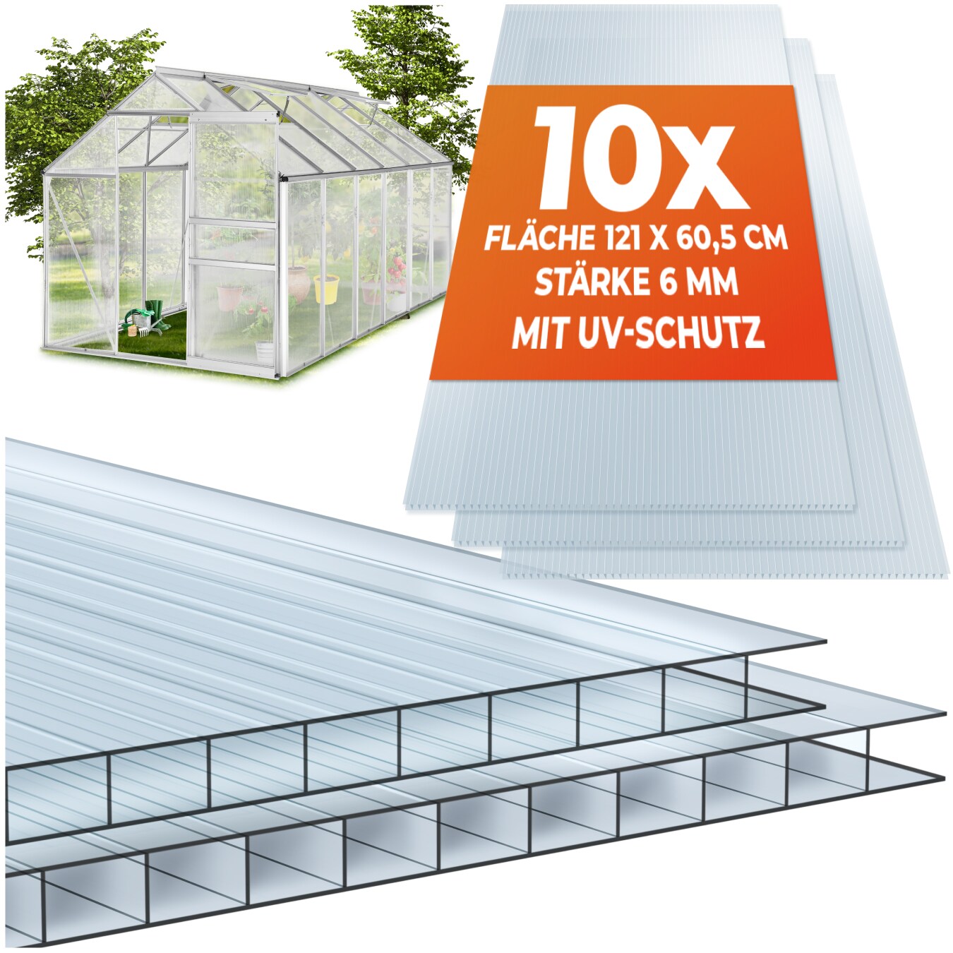 tectake® 10er Set Doppelstegplatten, 7,32 m² Gesamtfläche, individuell zuschneidbar, wärmedämmend, temperaturresistent, 121 x 60,5 x 0,6 cm je Platte | 04061173272096