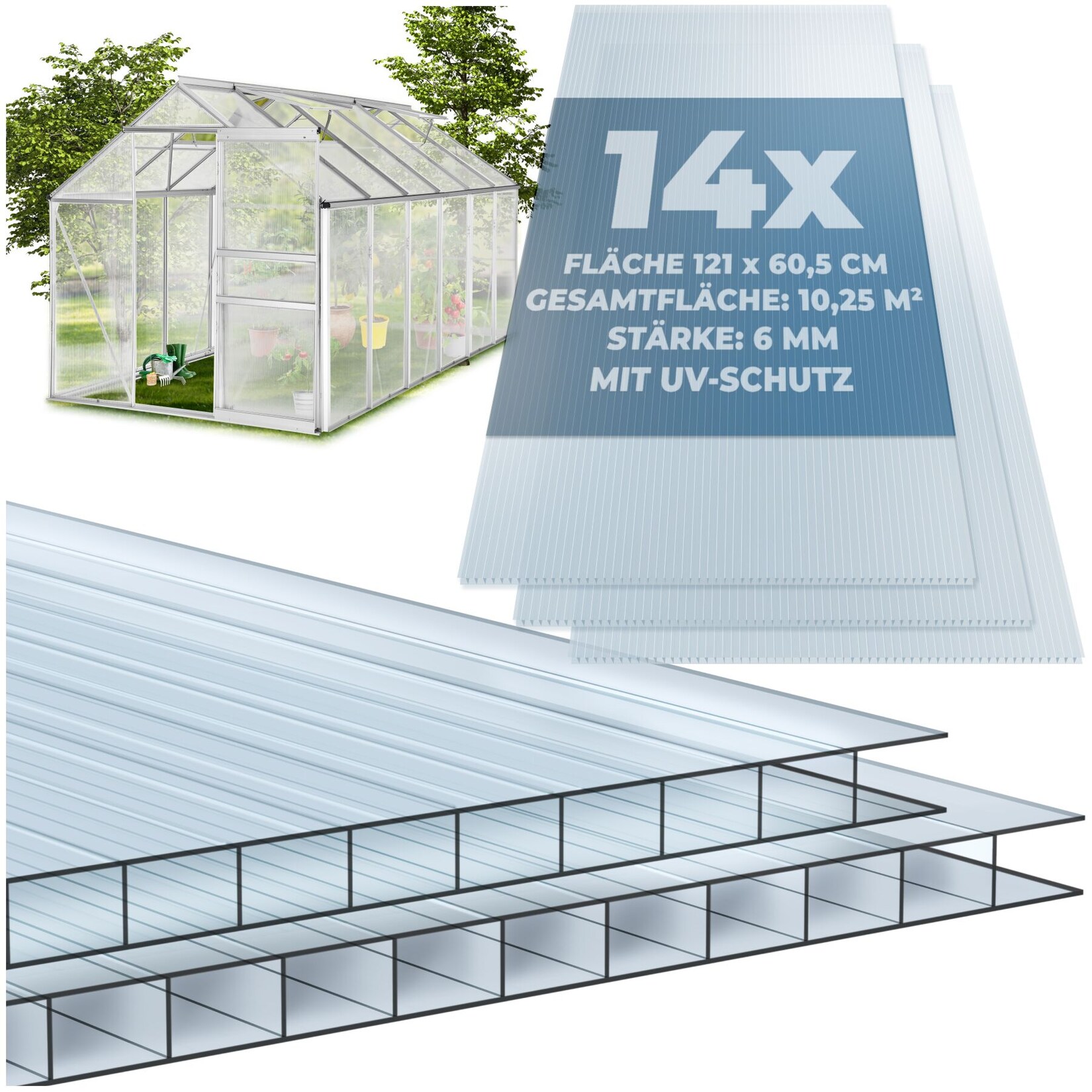 tectake® 14er Set Doppelstegplatten, 10,25 m² Gesamtfläche, individuell zuschneidbar, wärmedämmend, temperaturresistent, 121 x 60,5 x 0,6 cm je Platte