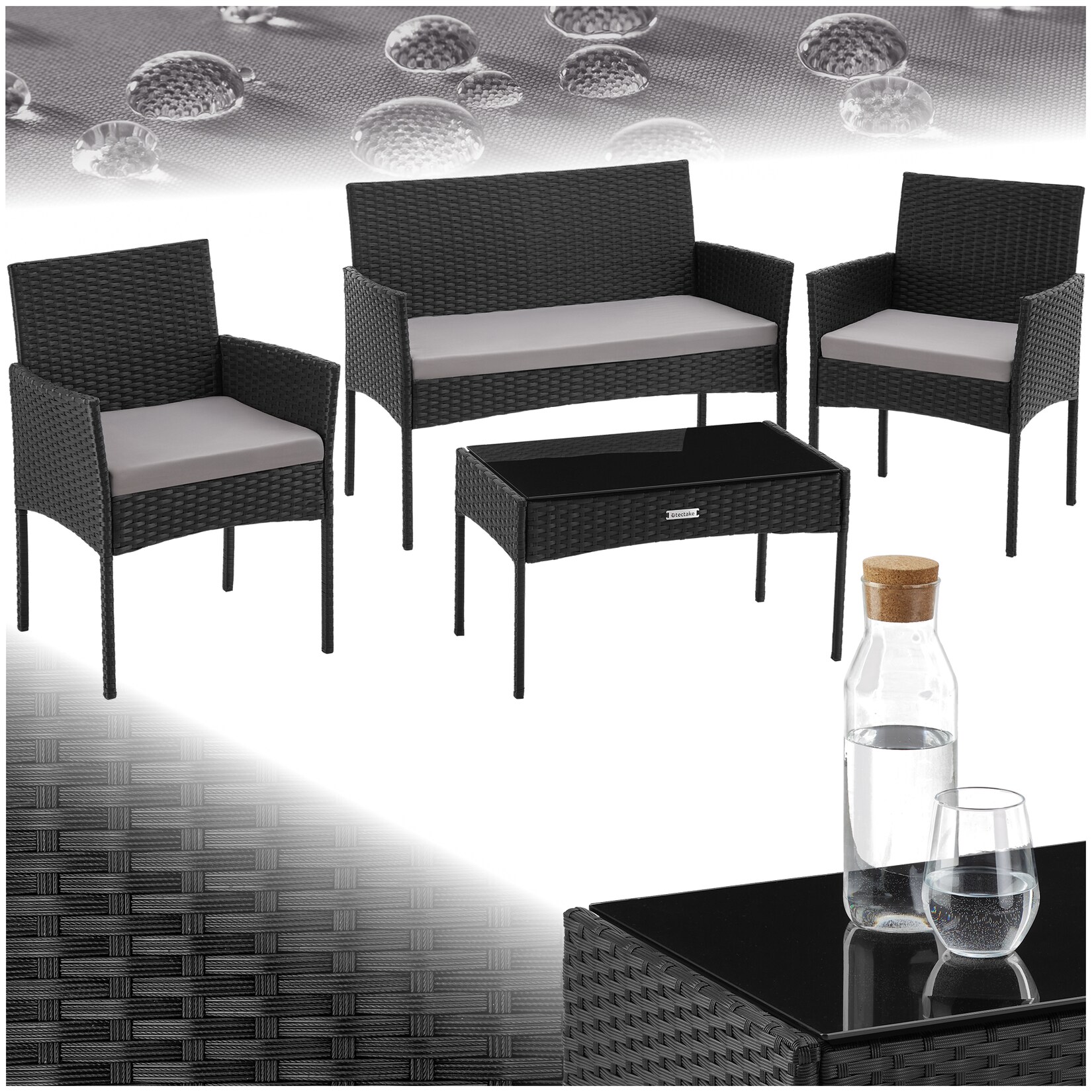 tectake® Rattan Gartenset, für 4 Personen, wetterfestes Rattangeflecht, Sofa 250 kg, je Sessel 120 kg