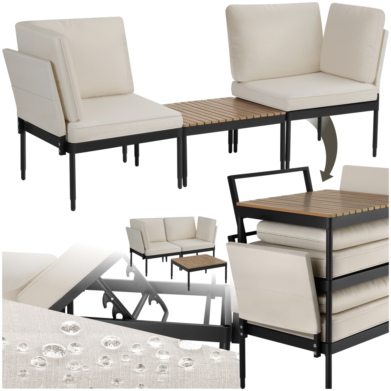 tectake® Gartenlounge-Set, 5 in 1 Funktion, 5-fach verstellbare Lehne, dicke Polsterung, wasserabweisende, abnehmbare Polyesterbezüge, Armlehnen mit Seitentaschen, stapelbar | 04061173277978