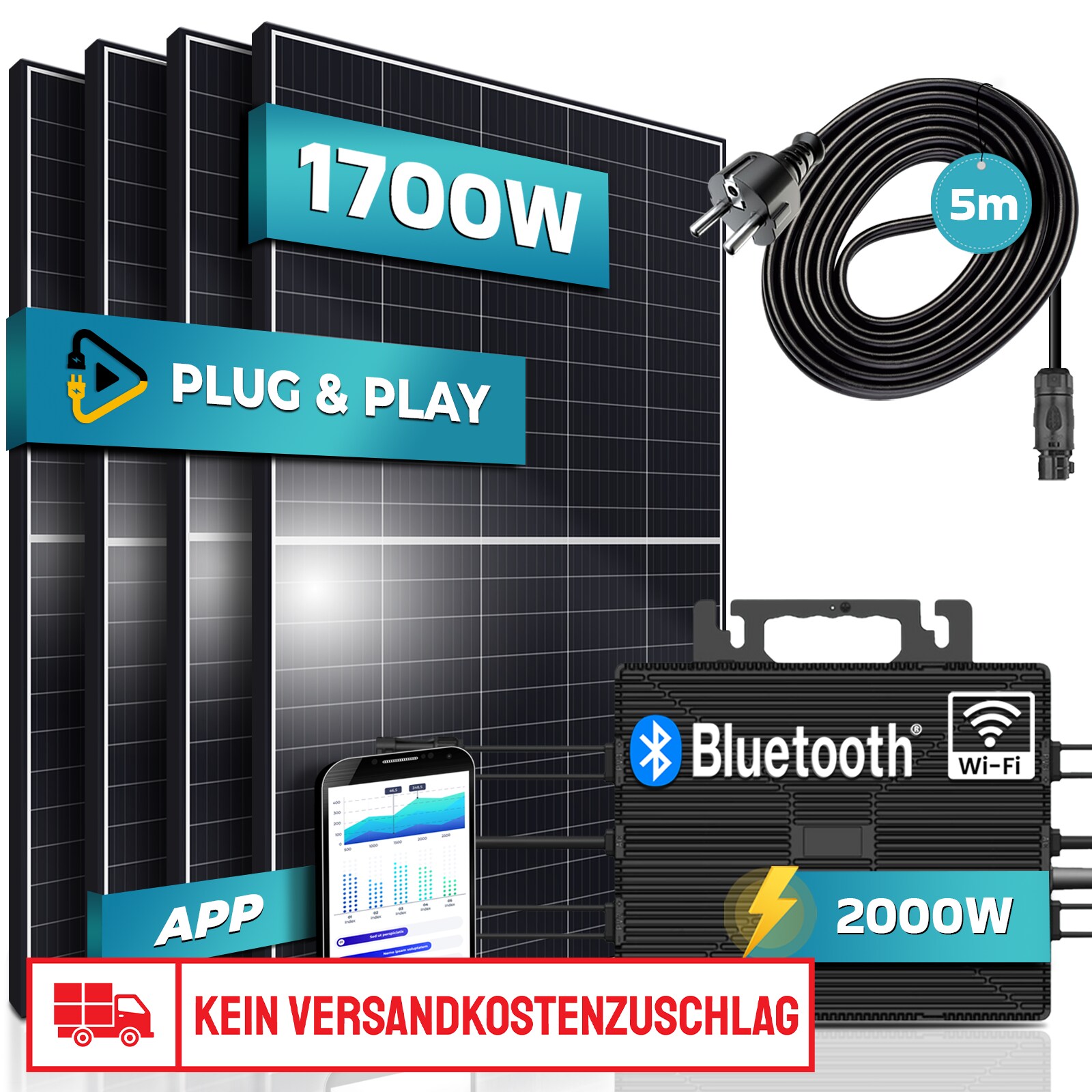 SUNNIVA® 1700W Balkonkraftwerk 2000W komplett Steckdose – Astro Energy 2000W Micro Wechselrichter – PV Solaranlage Komplettset – 4x 425W (1700W) Solarmodule – inkl. 5m Kabel – Bluetooth, WIFI | 04255656232763