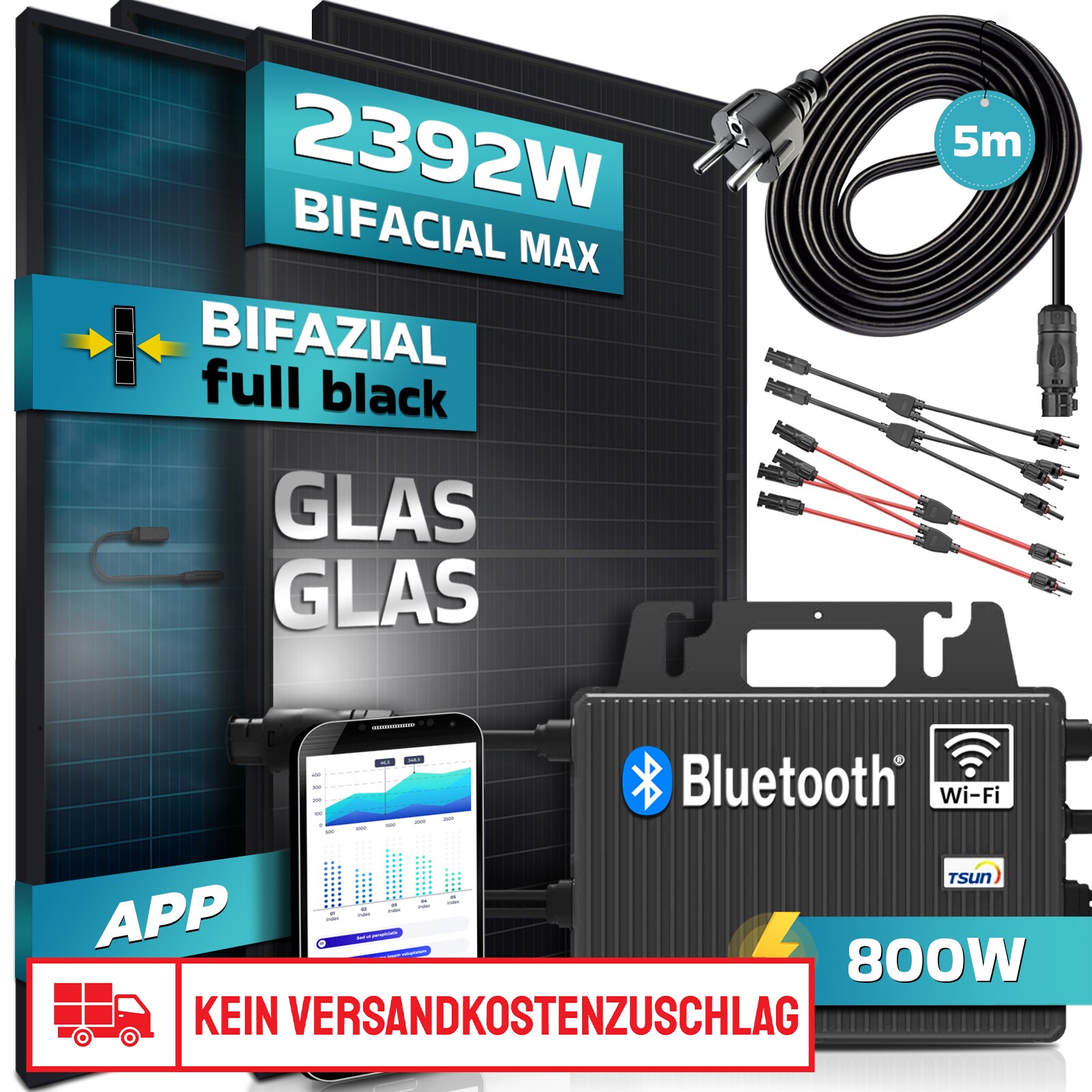 SUNNIVA® Balkonkraftwerk FULL ALL BLACK BIFACIAL 2392W/800W Solaranlage mit 800W TSUN Micro Wechselrichter Wifi Bluetooth, upgradebar drosselbar, 4x460W Bifaziale Solarmodule, 5m Kabel, PV | 04255656235740
