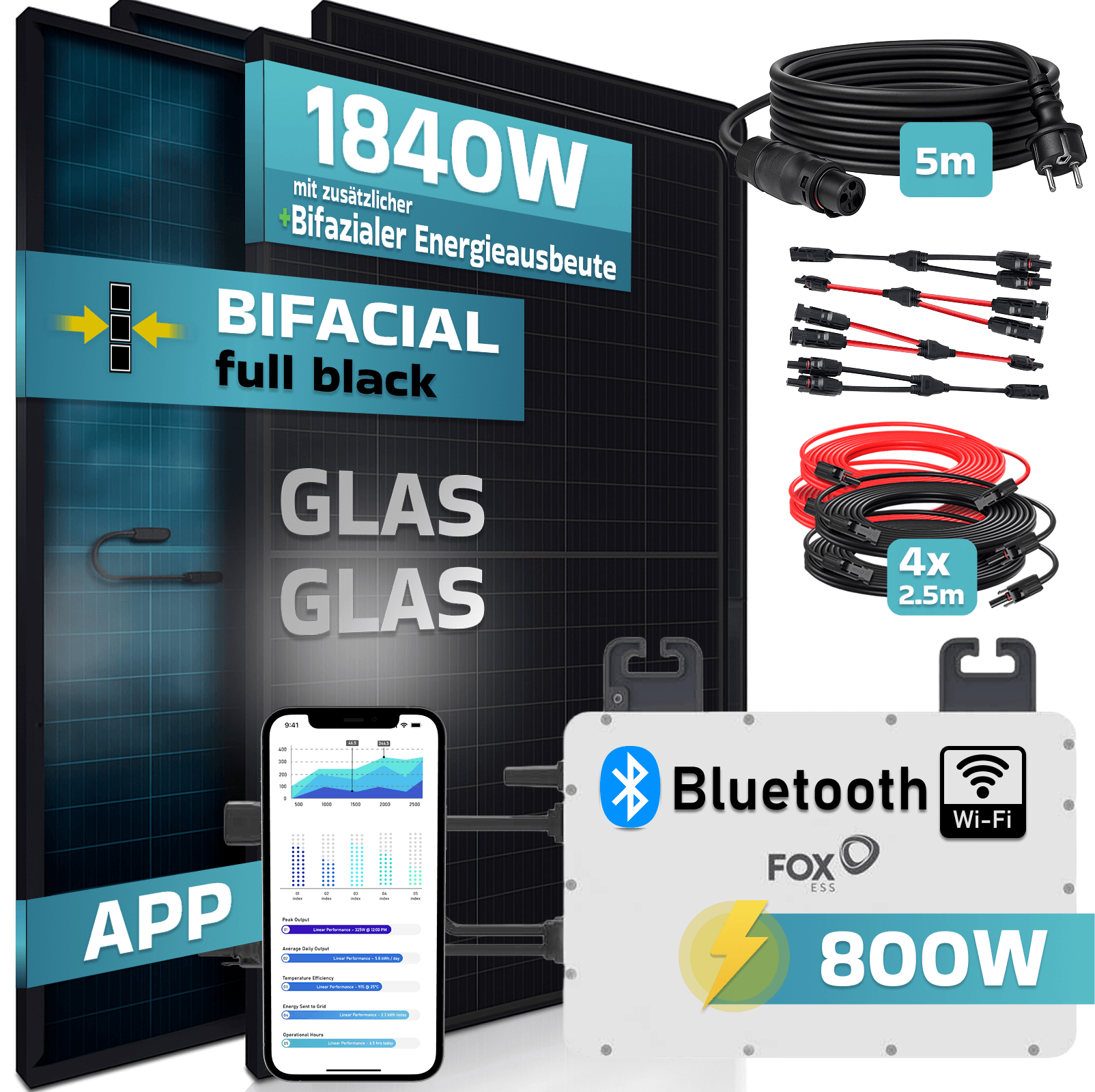 SUNNIVA&reg; 1840W Balkonkraftwerk BIFAZIAL FULLBLACK komplett Steckdose FOXESS 800 Watt Wechselrichter, Solaranlage Komplettset, 4x 460W N-Type Glas-Glas Bifacial Solarmodule, 5m Kabel, 4x2.5m Solarkabel - Bild 1