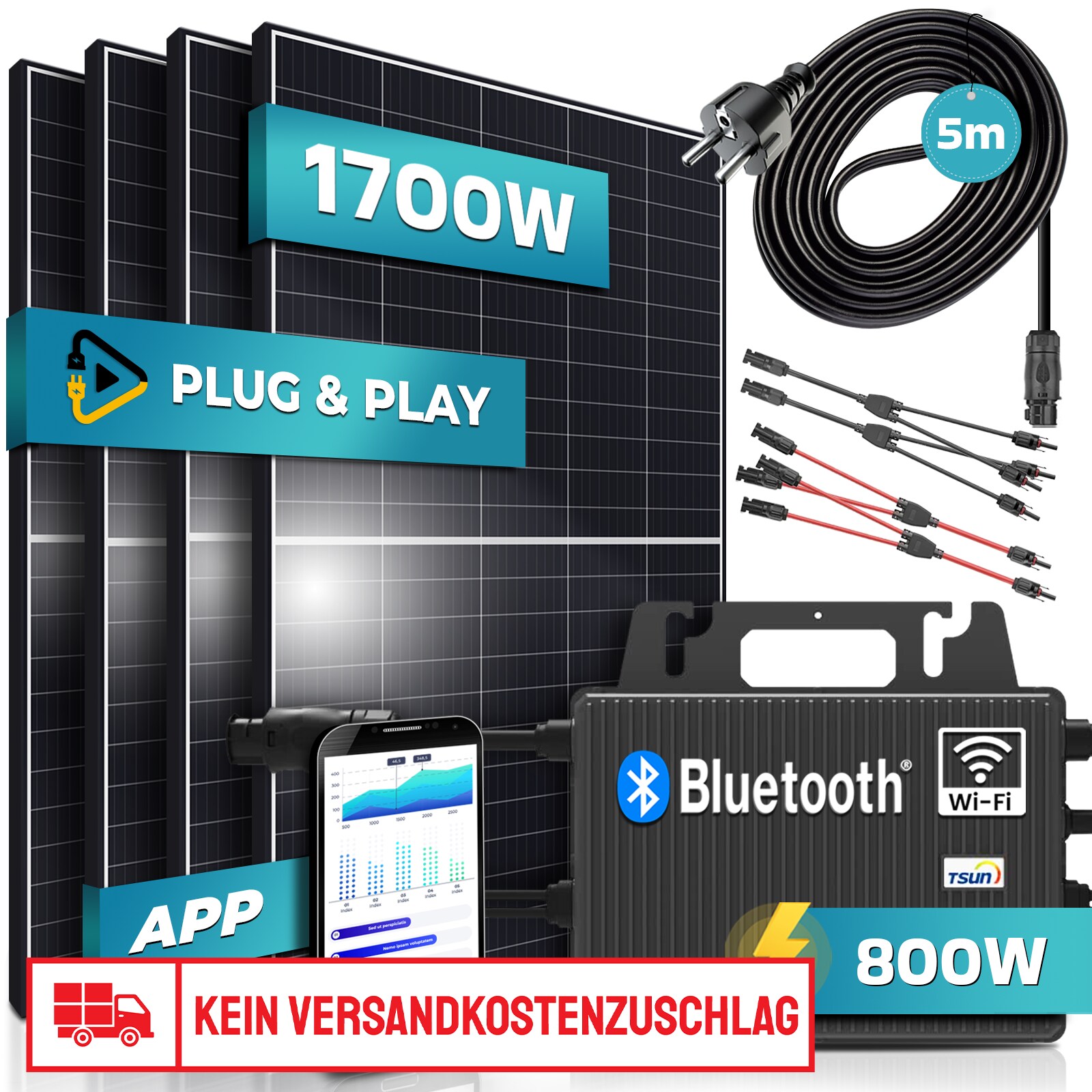 Sunniva Balkonkraftwerk 1700 Wp Set mit 800-Watt-Wechselrichter von TSUN, 4 x 425W Solarmodule, 5m Kabel