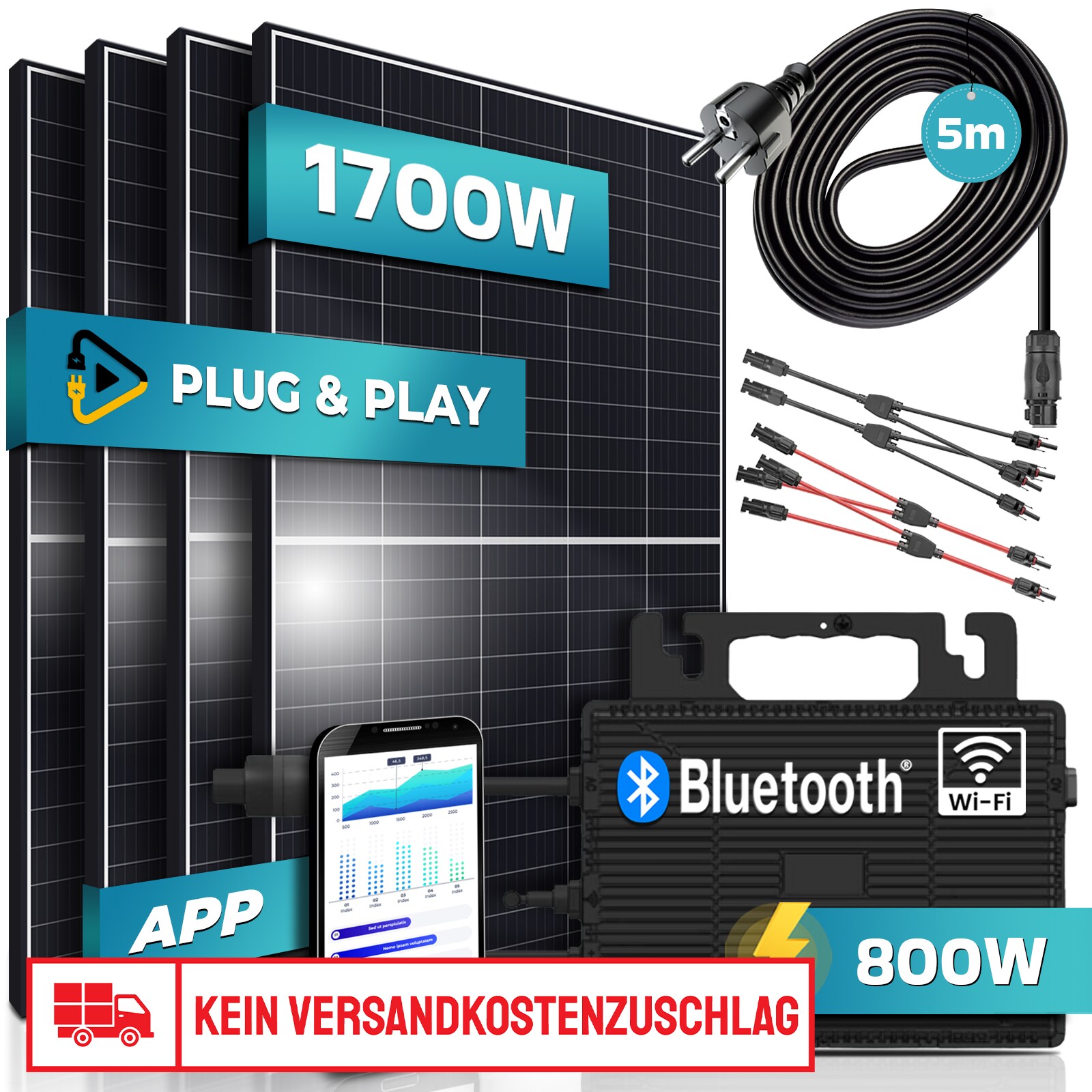 SUNNIVA® Balkonkraftwerk 1700/800W Solaranlage mit 800W Astro Energy Wechselrichter,WIFI Bluetooth, upgradebar drosselbar, 4 x 425W Solarmodule, 5m Anschlusskabel, Solarkabel, Photovoltaikanlage, PV | 04255656235818