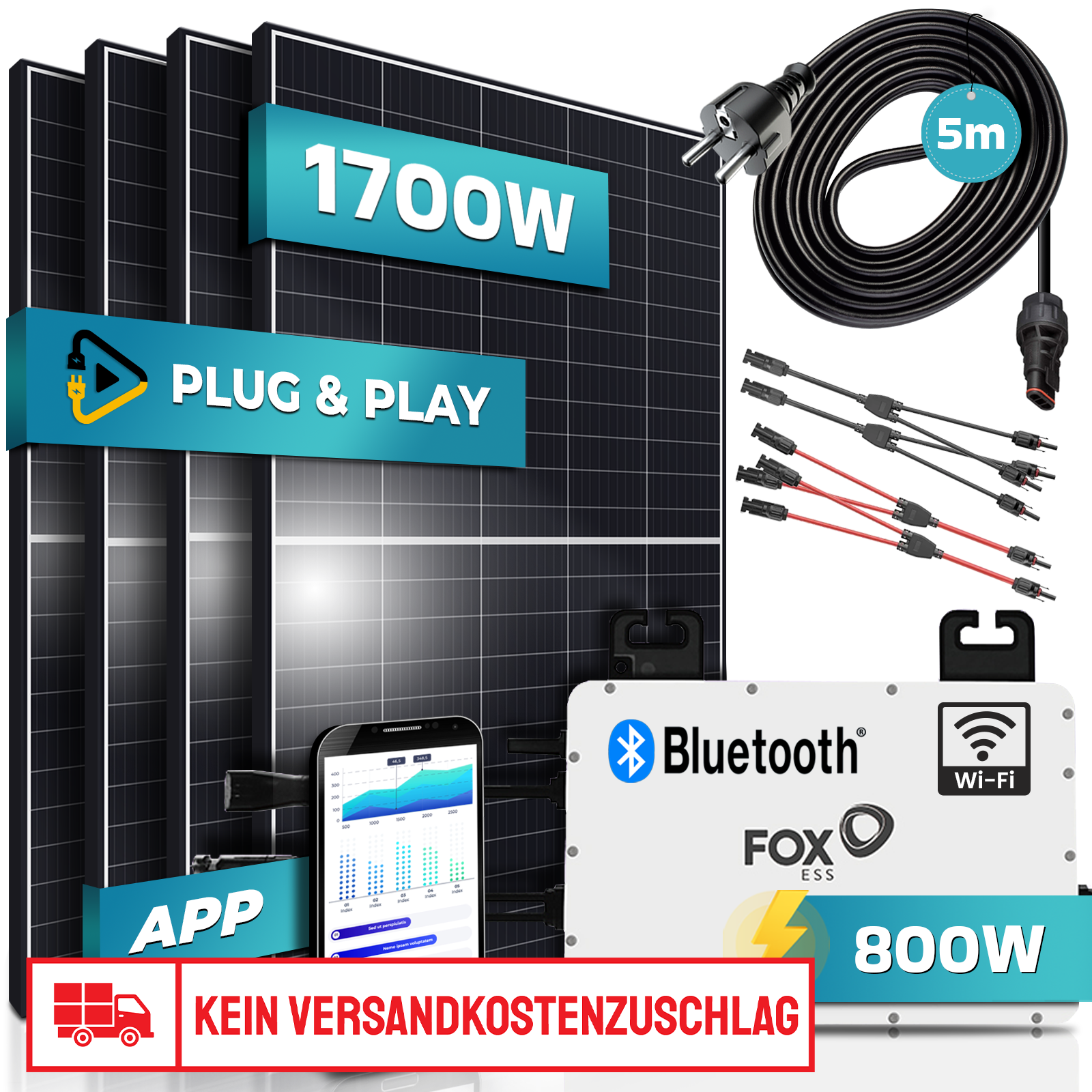 SUNNIVA&reg; 1700W Balkonkraftwerk 800W komplett Steckdose - FOX ESS 800W Micro Wechselrichter - PV Solaranlage Komplettset, 4x 425W (1700W) Solarmodule, inkl.5m Kabel, Y-Verteiler, Bluetooth, WIFI - Bild 1