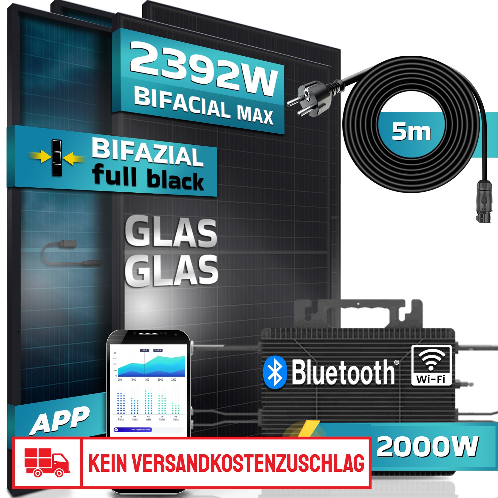 SUNNIVA® Balkonkraftwerk FULL ALL BLACK BIFACIAL 2392W/2000W Solaranlage mit 2000W Astro Energy Micro Wechselrichter Wifi Bluetooth, upgradebar drosselbar, 4x460W Bifaziale Solarmodule, 5m Kabel, PV | 04255656235894