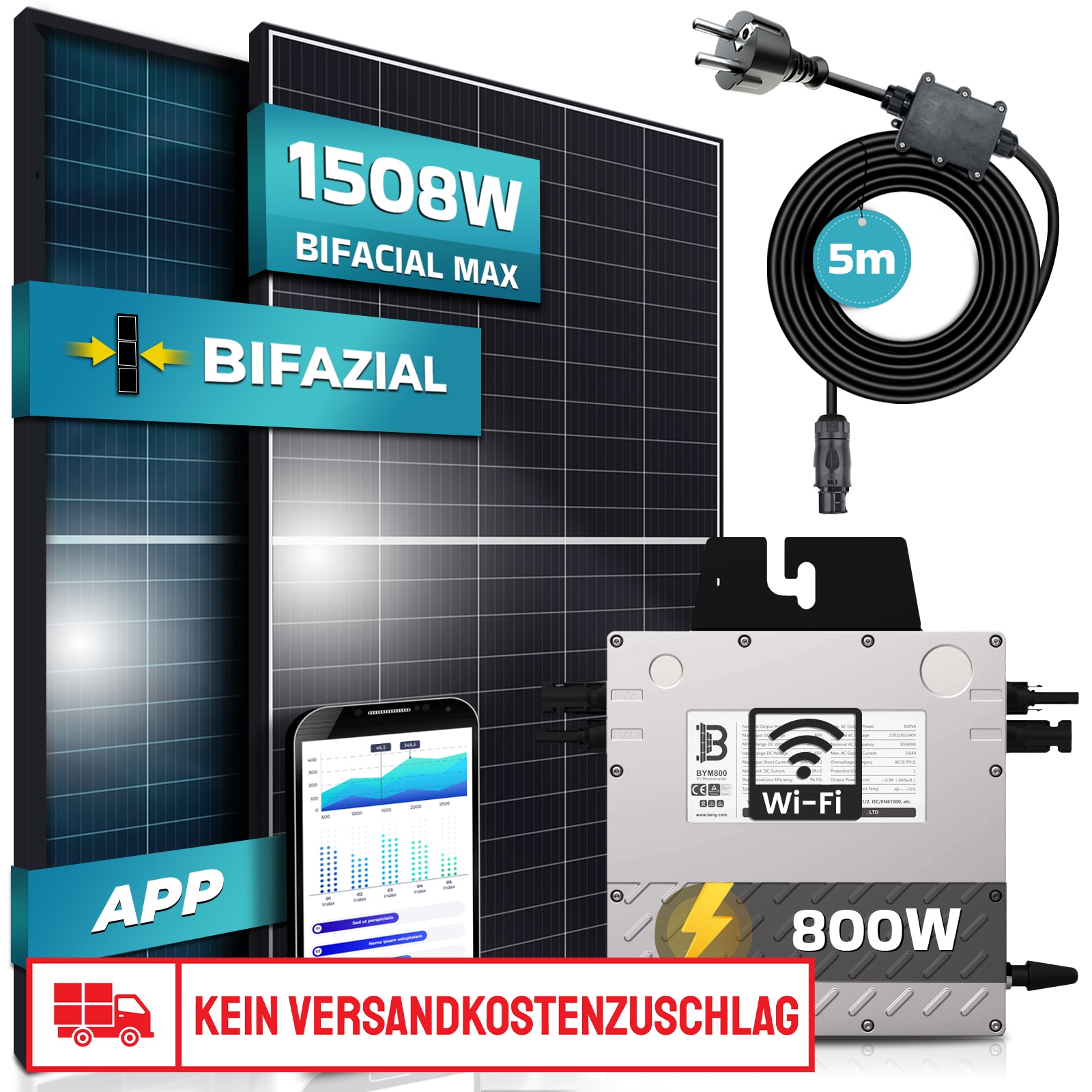SUNNIVA&reg; Balkonkraftwerk BIFACIAL Black Frame 1508W/800W Solaranlage mit 800W Beny Micro Wechselrichter Wifi, Inverter upgradebar drosselbar, 2x580W Solarmodule, 5m Anschlusskabel, Photovoltaikanlage - Bild 1